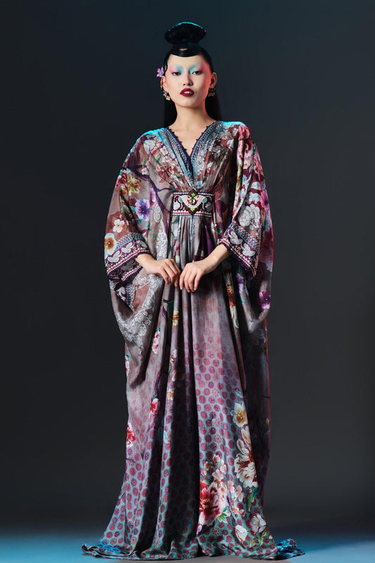 Taupe Silk Embroidery, Pearls Imama V Jewelled Belted Print - Designer Kurta Set