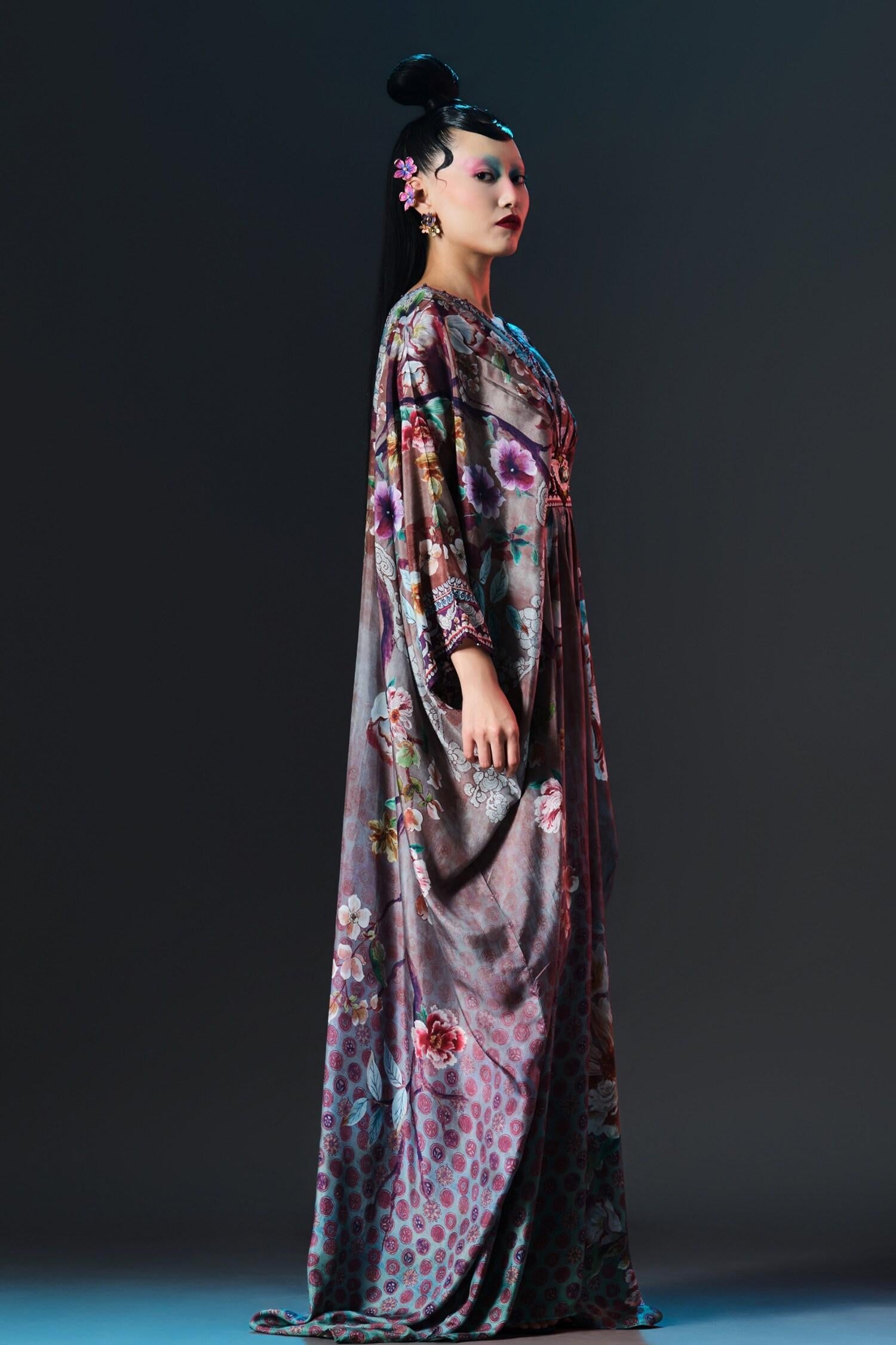 Taupe Silk Embroidery, Pearls Imama V Jewelled Belted Print - Designer Kurta Set