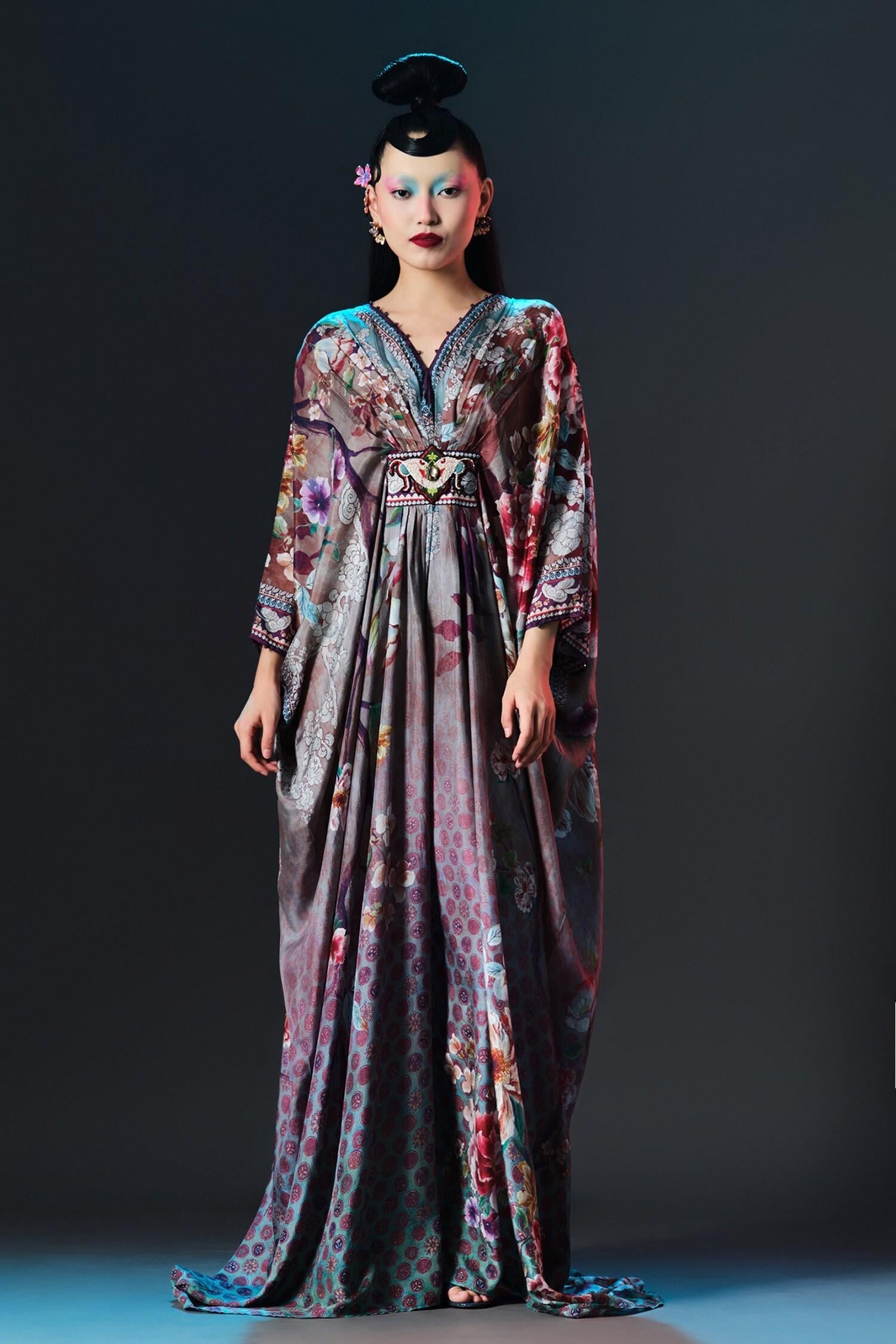 Taupe Silk Embroidery, Pearls Imama V Jewelled Belted Print - Designer Kurta Set