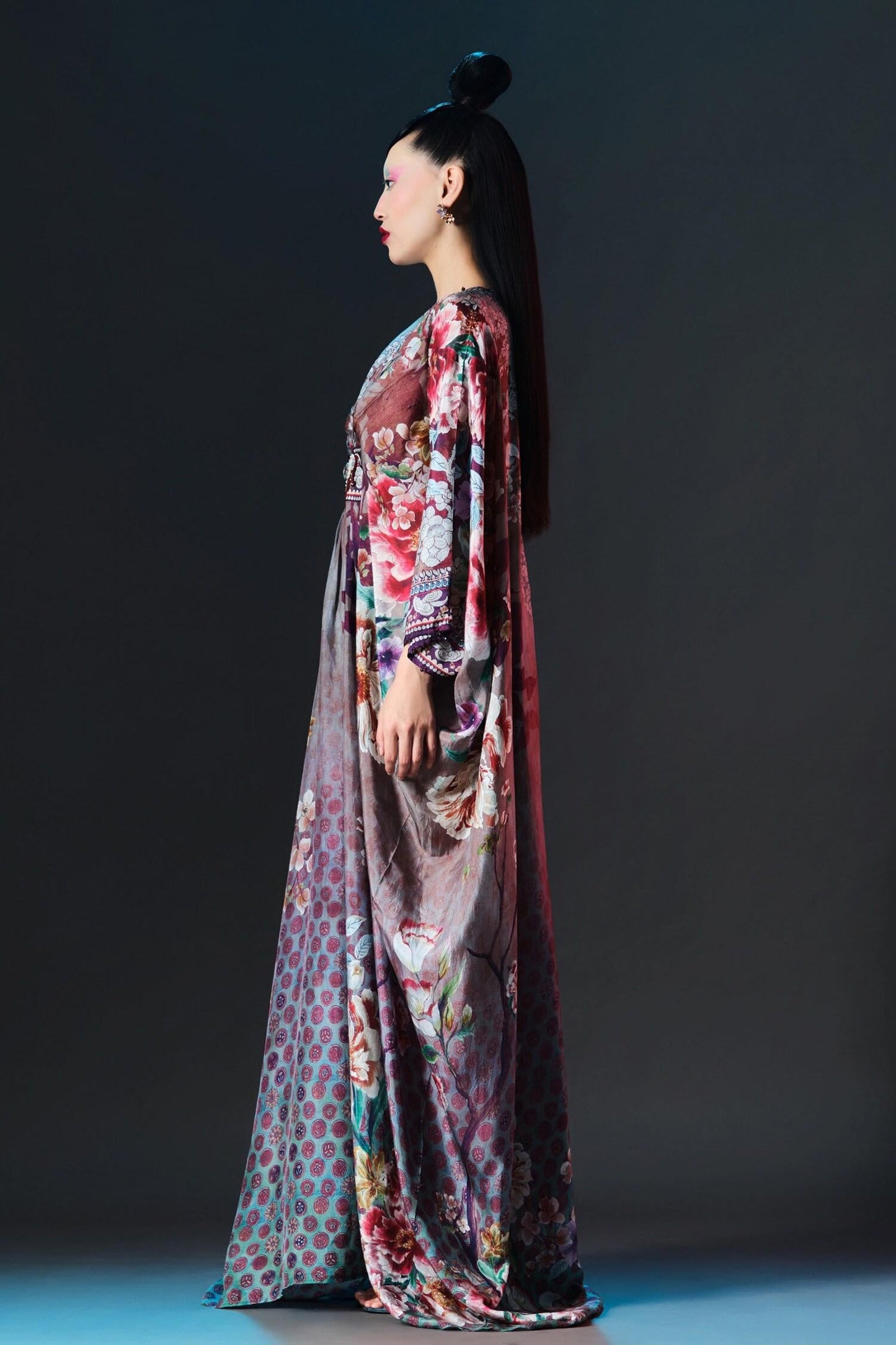 Taupe Silk Embroidery, Pearls Imama V Jewelled Belted Print - Designer Kurta Set