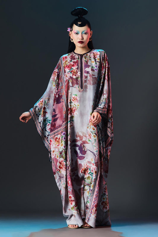 Taupe Silk Round Neck Printed Boxy - Designer Kurta Set