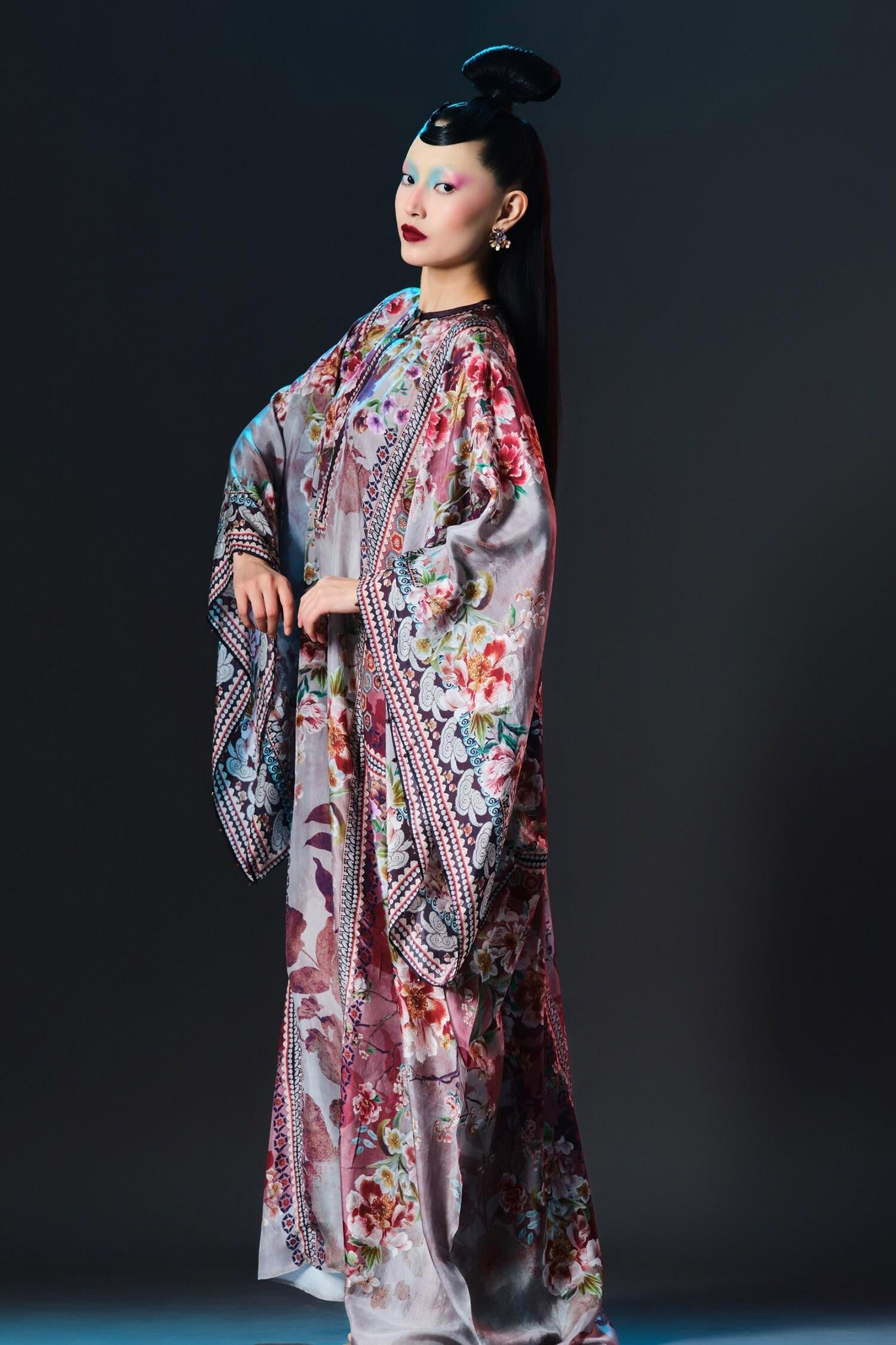 Taupe Silk Round Neck Printed Boxy - Designer Kurta Set
