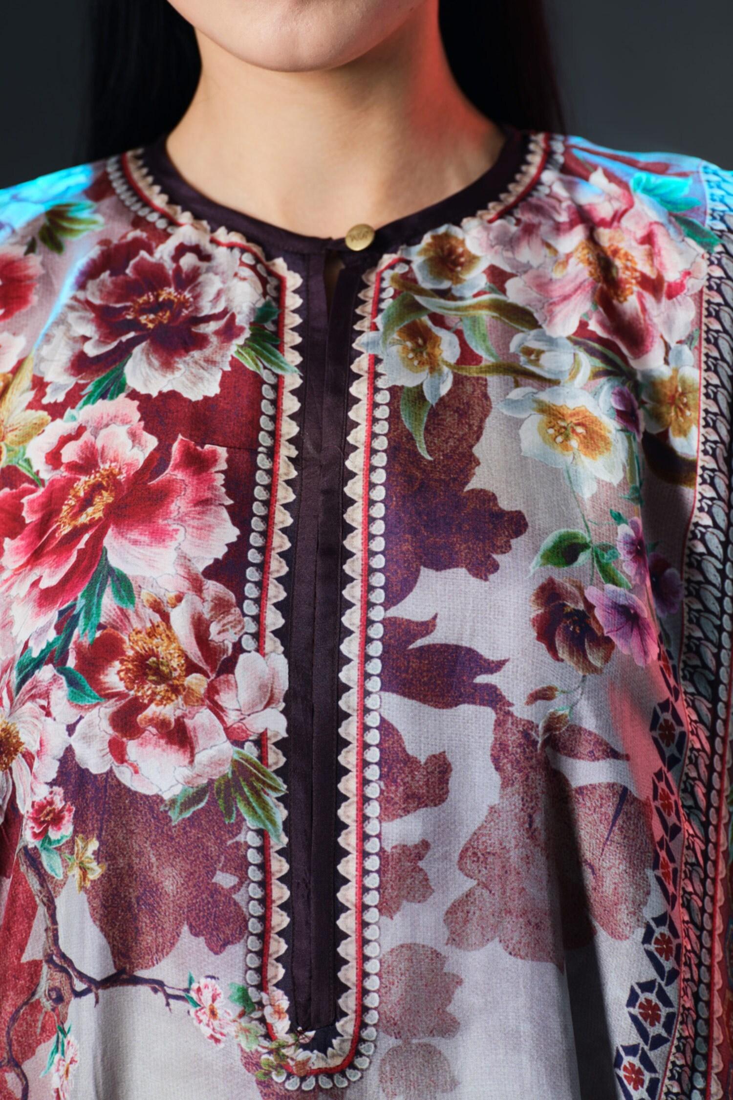 Taupe Silk Round Neck Printed Boxy - Designer Kurta Set