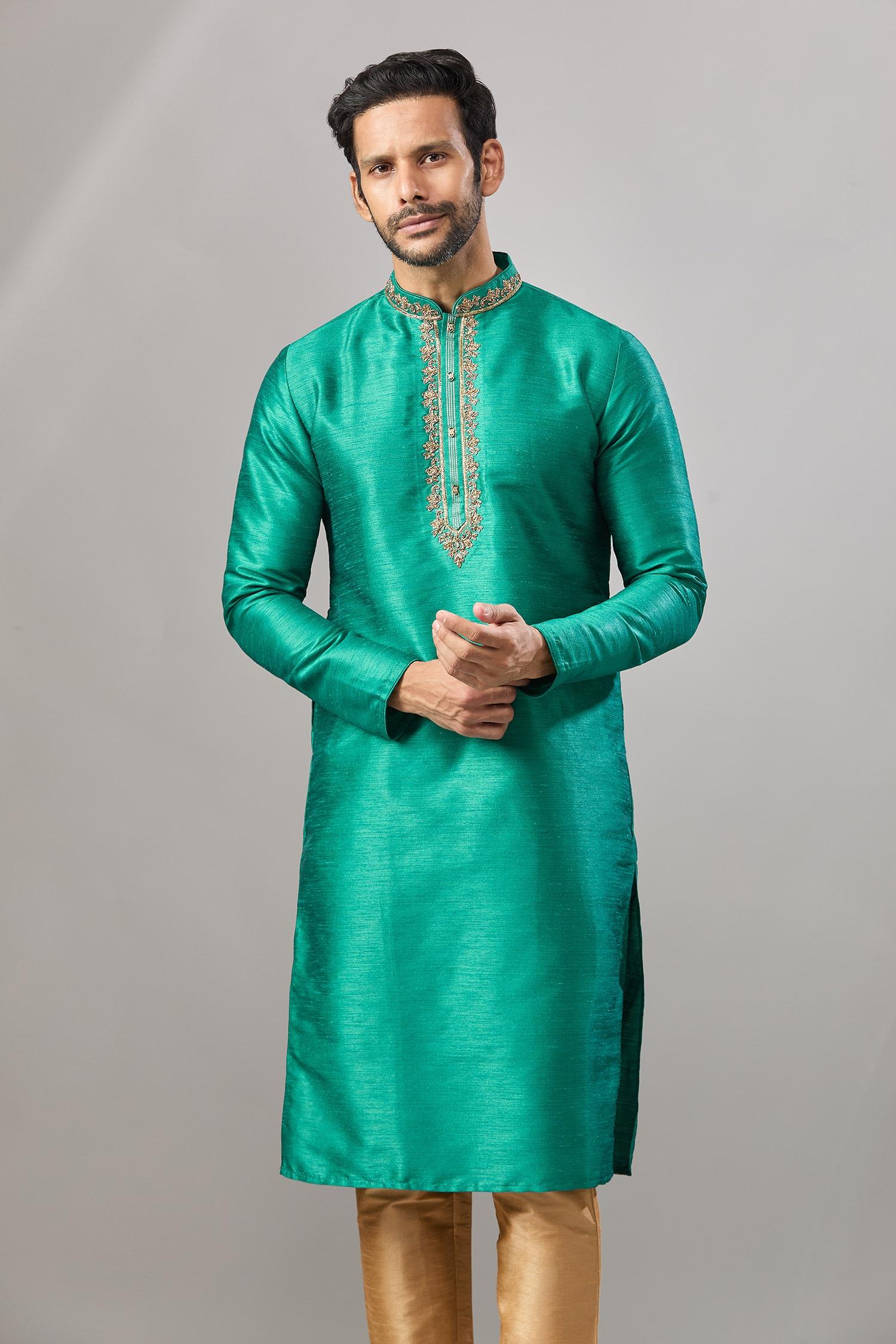 Kurta Set Teal Embroidery Green Plain Banarasi