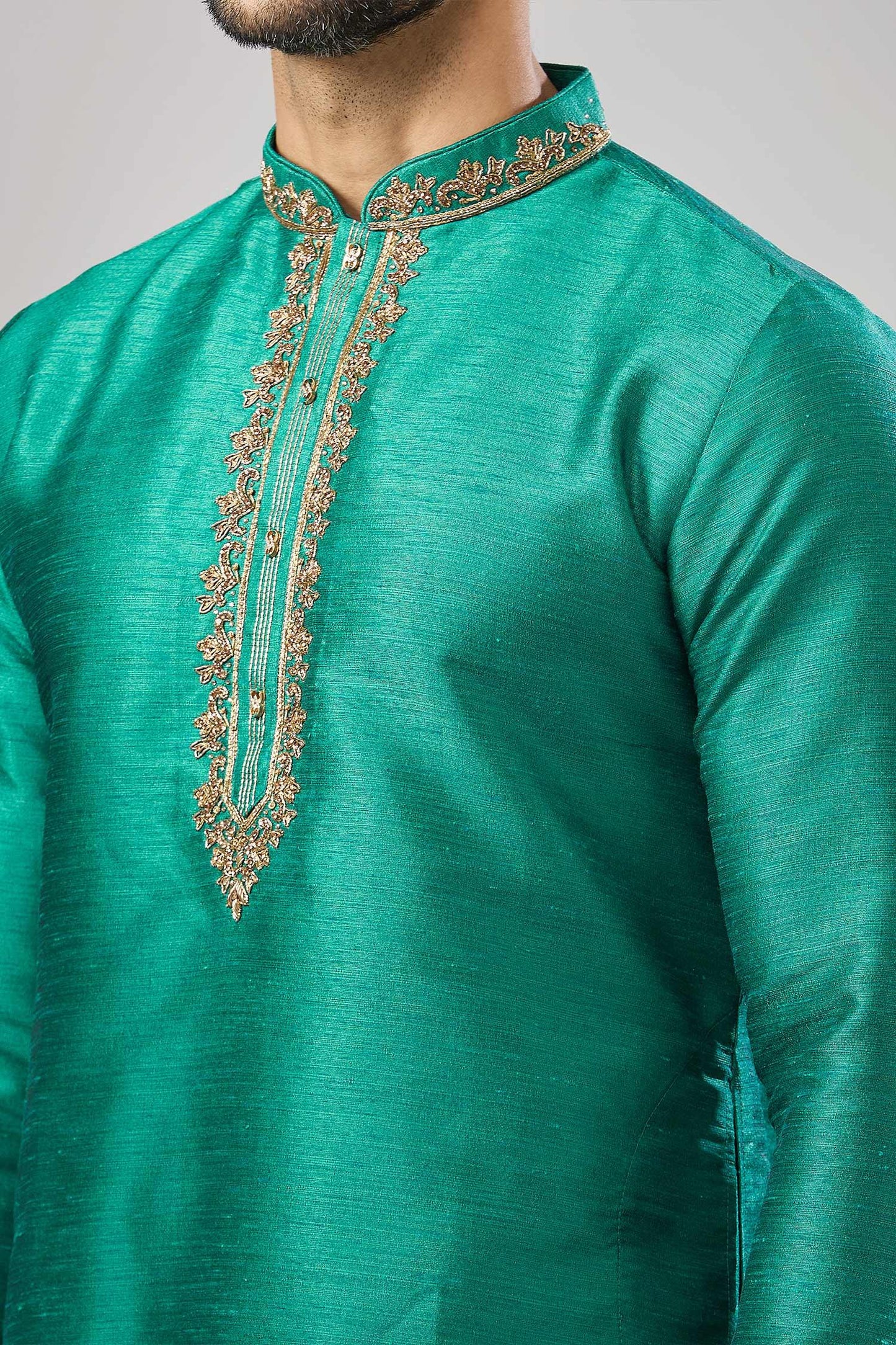 Kurta Set Teal Embroidery Green Plain Banarasi