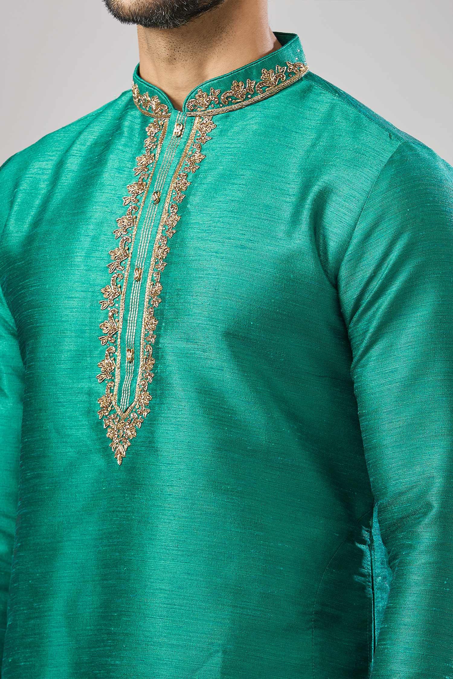 Kurta Set Teal Embroidery Green Plain Banarasi