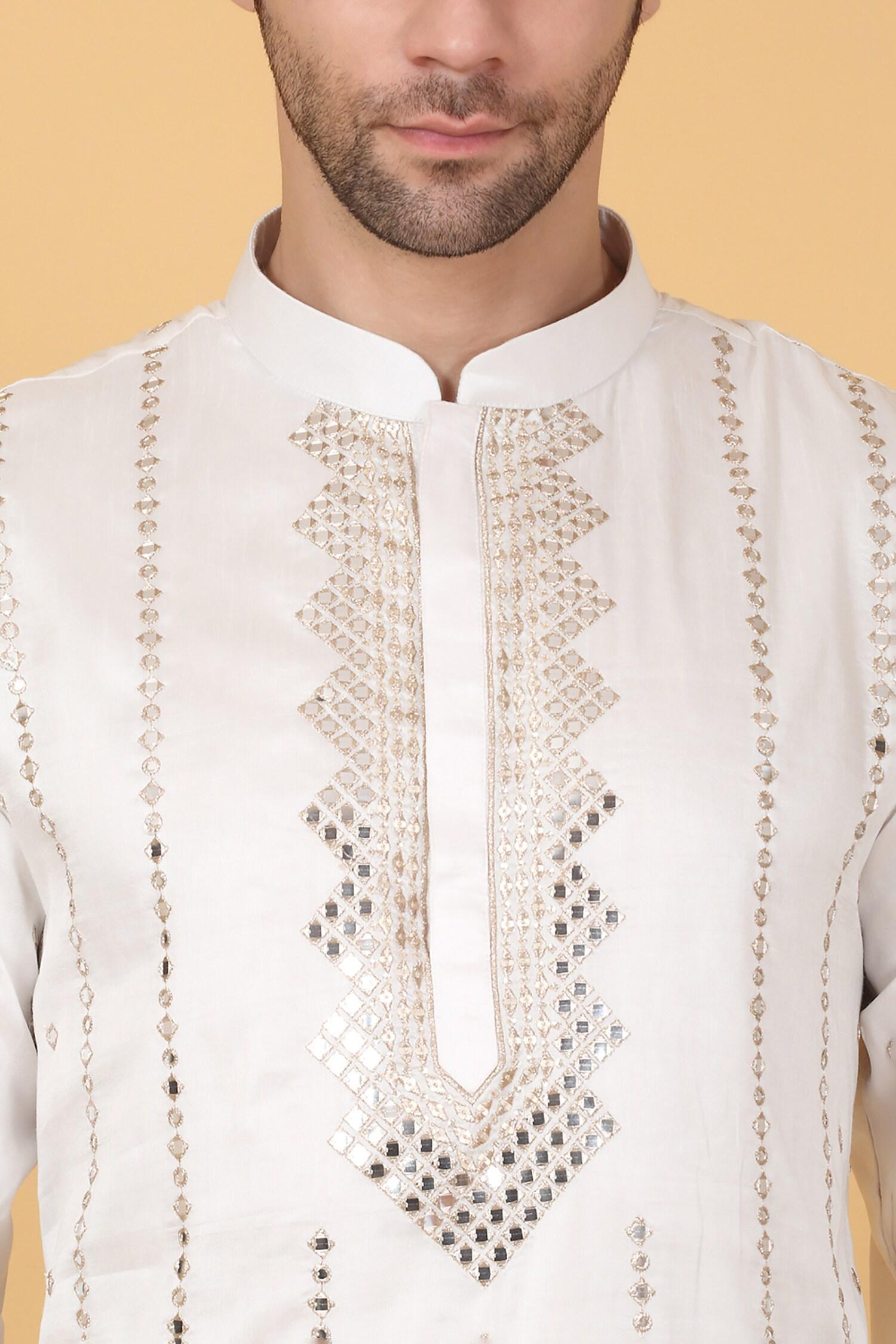 Kurta Set White Cotton Mirrors Embroidery