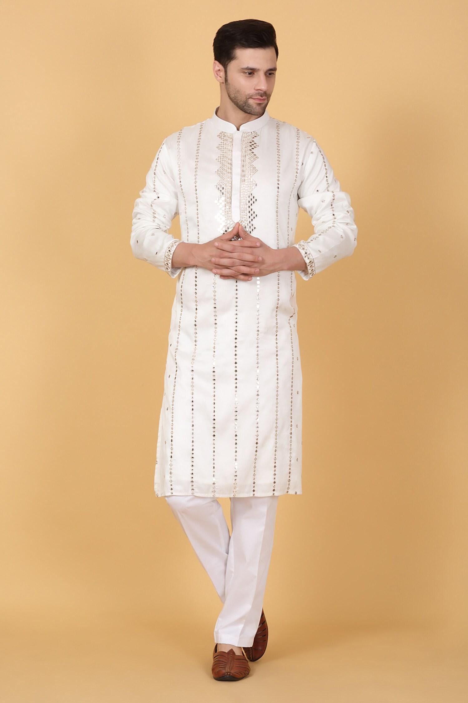 Kurta Set White Cotton Mirrors Embroidery