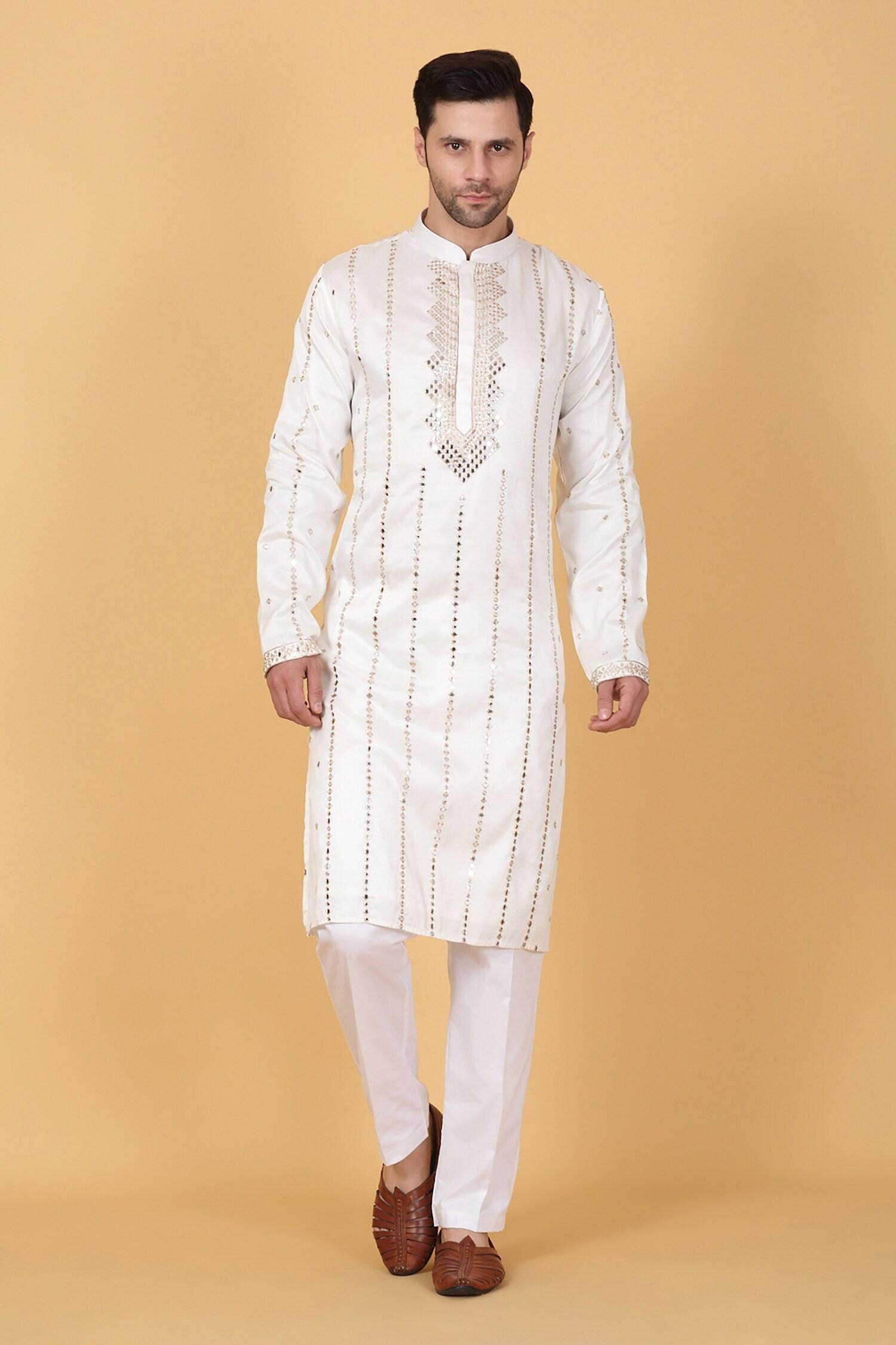 Kurta Set White Cotton Mirrors Embroidery