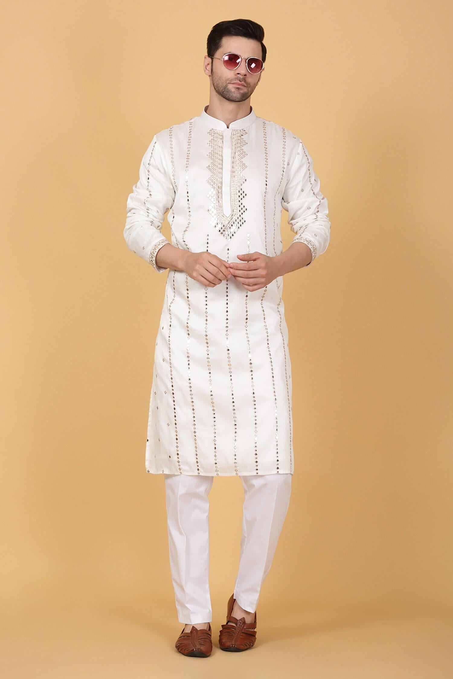 Kurta Set White Cotton Mirrors Embroidery