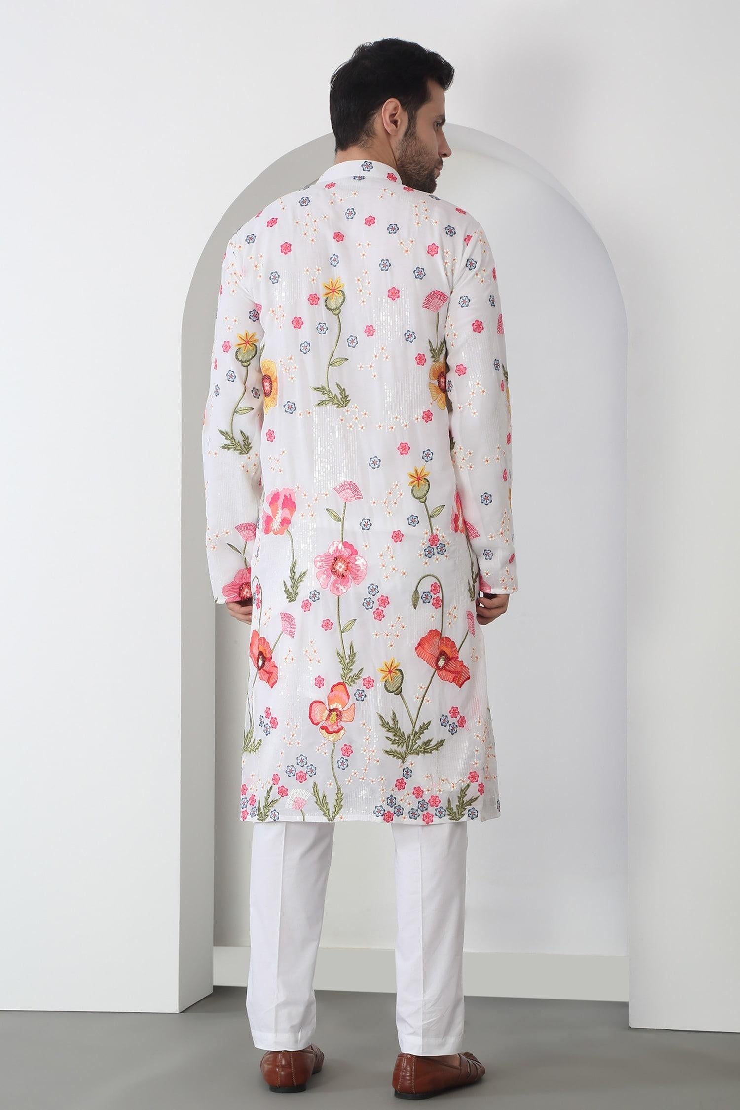 Kurta Set White Cotton Sequins Embroidery