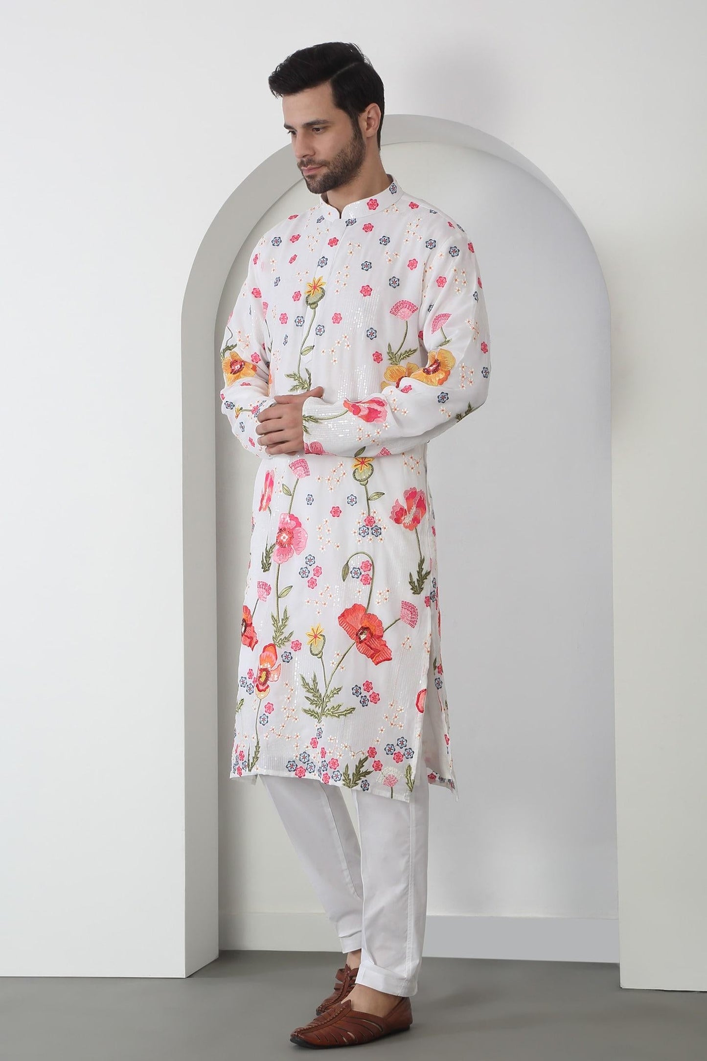 Kurta Set White Cotton Sequins Embroidery