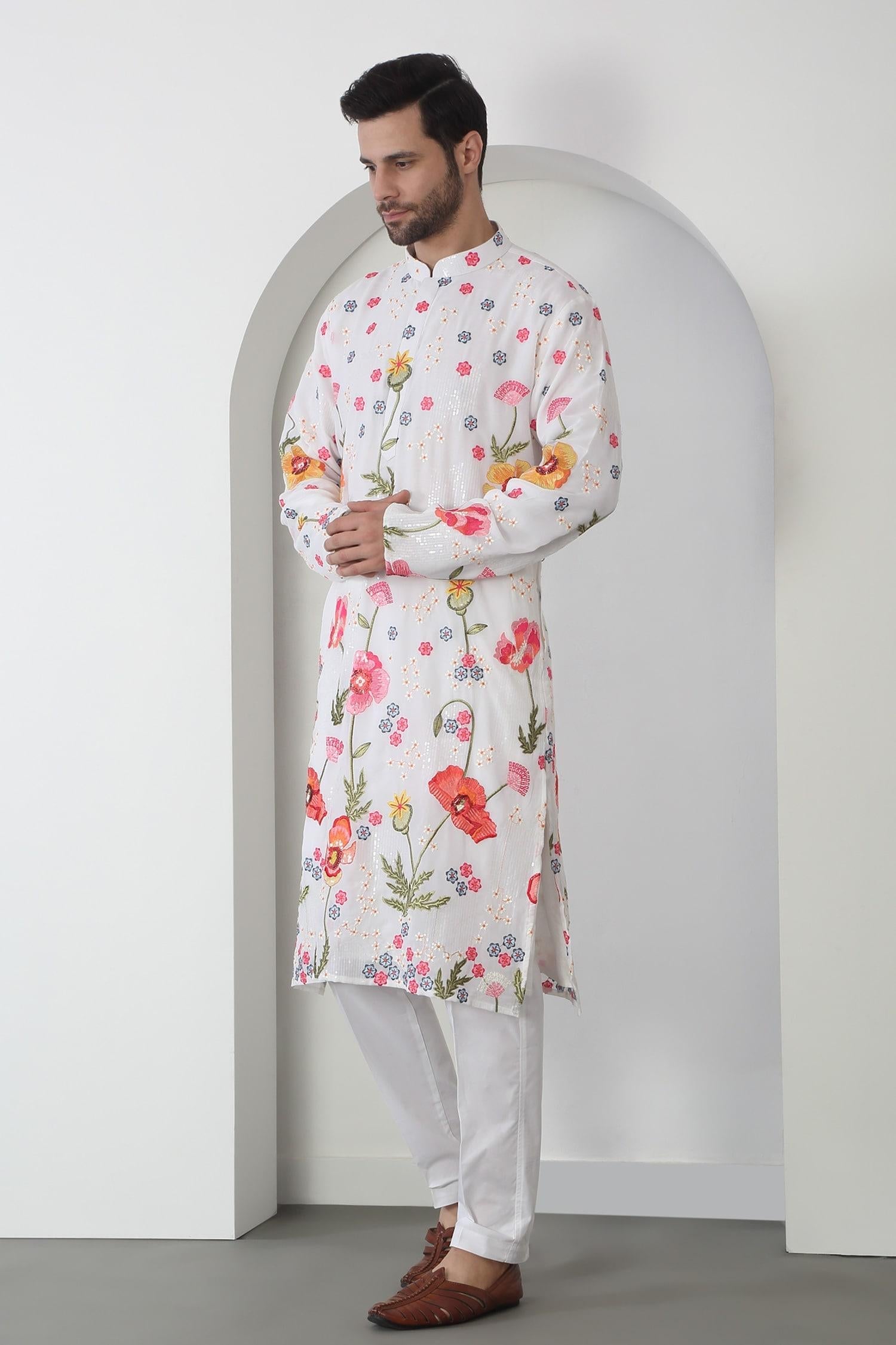 Kurta Set White Cotton Sequins Embroidery
