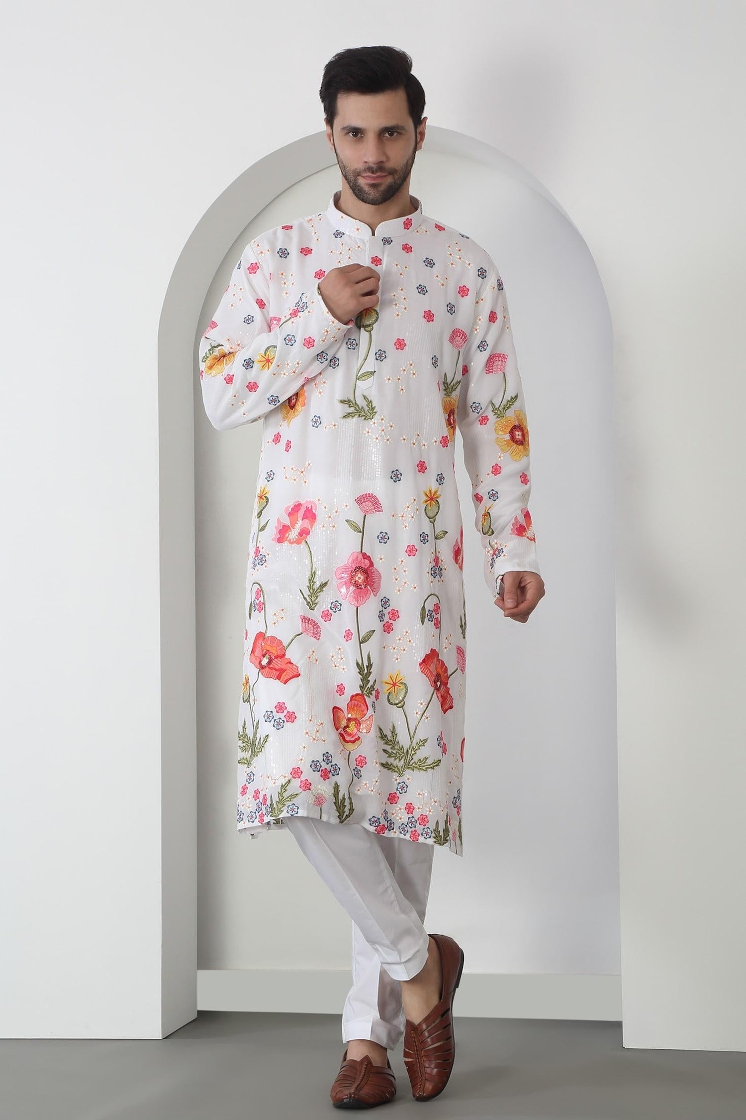 Kurta Set White Cotton Sequins Embroidery