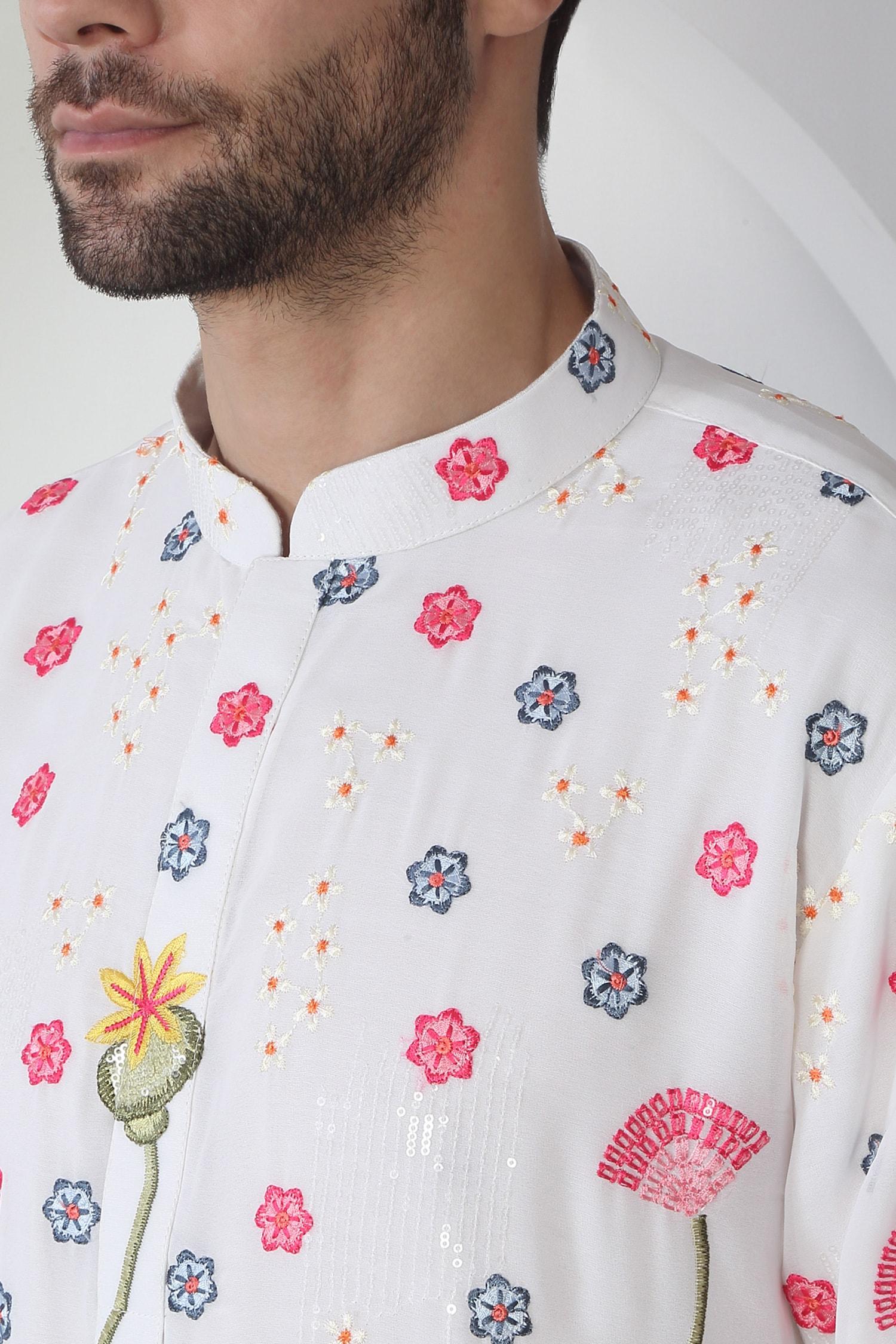 Kurta Set White Cotton Sequins Embroidery