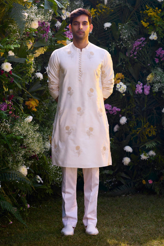 Kurta And Trouser Set White Cotton Silk Embroidery Patchwork