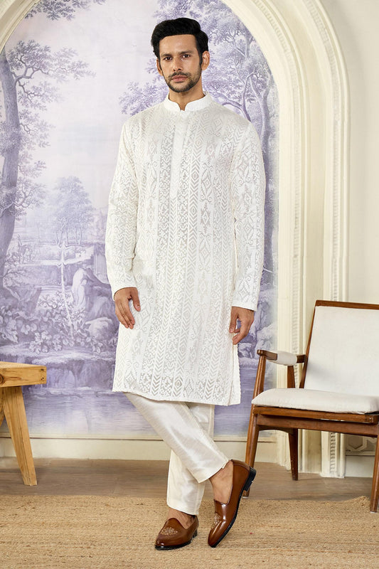 Kurta Set White Georgette Cotton Embroidery Chikankari Thread
