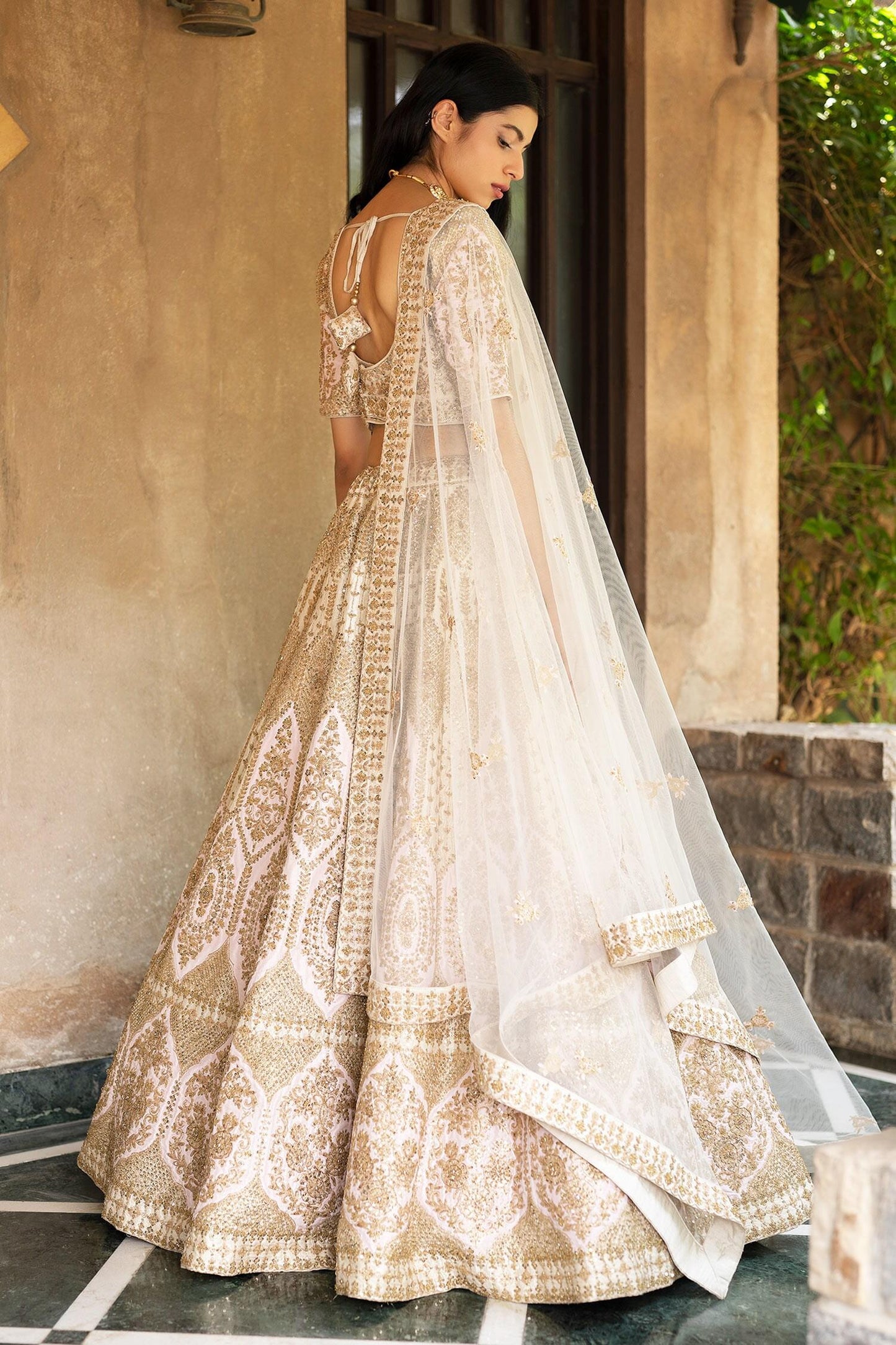 White Leaf Neck Embroidered Bridal Lehenga Set - Designer Kurta Set