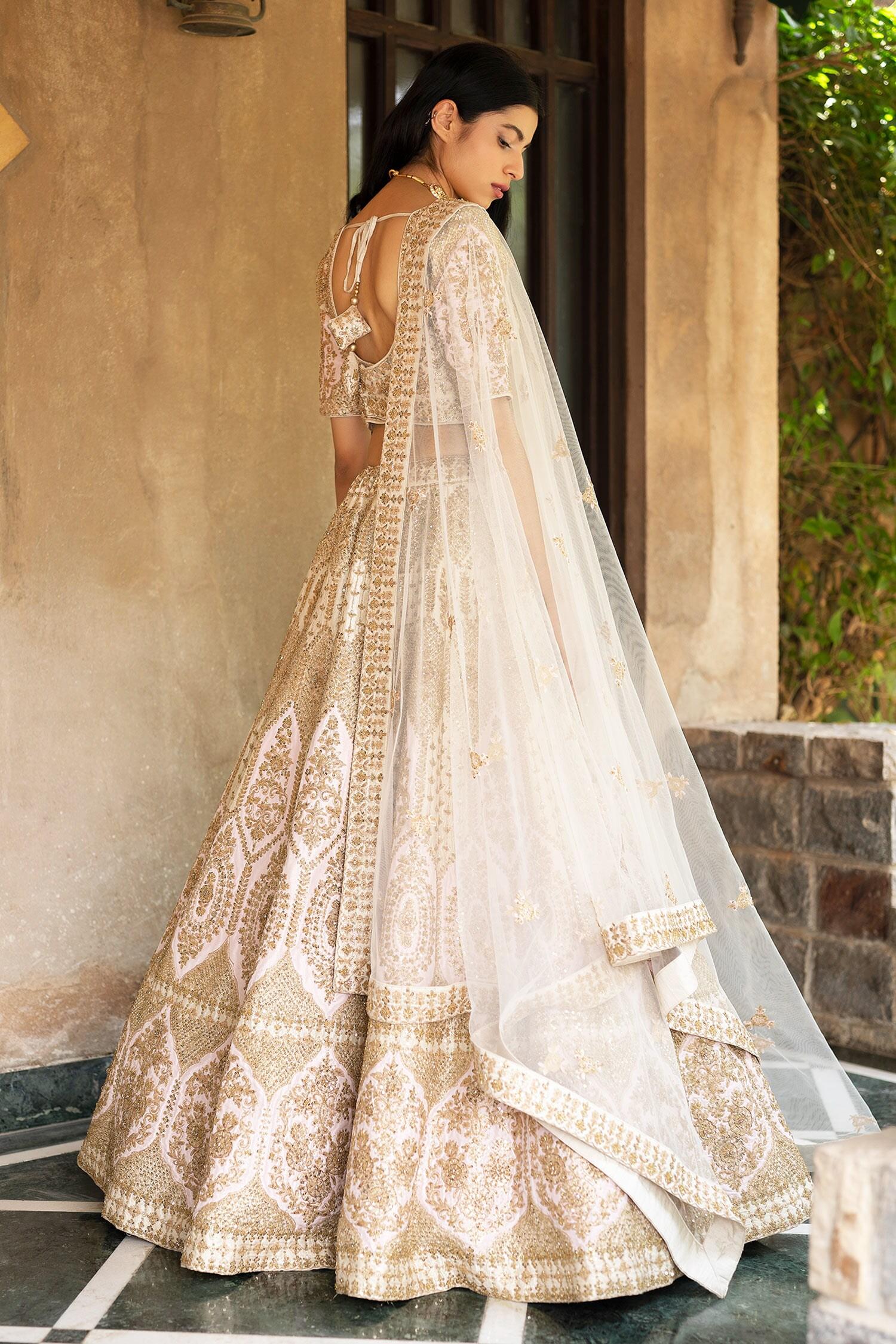 White Leaf Neck Embroidered Bridal Lehenga Set - Designer Kurta Set