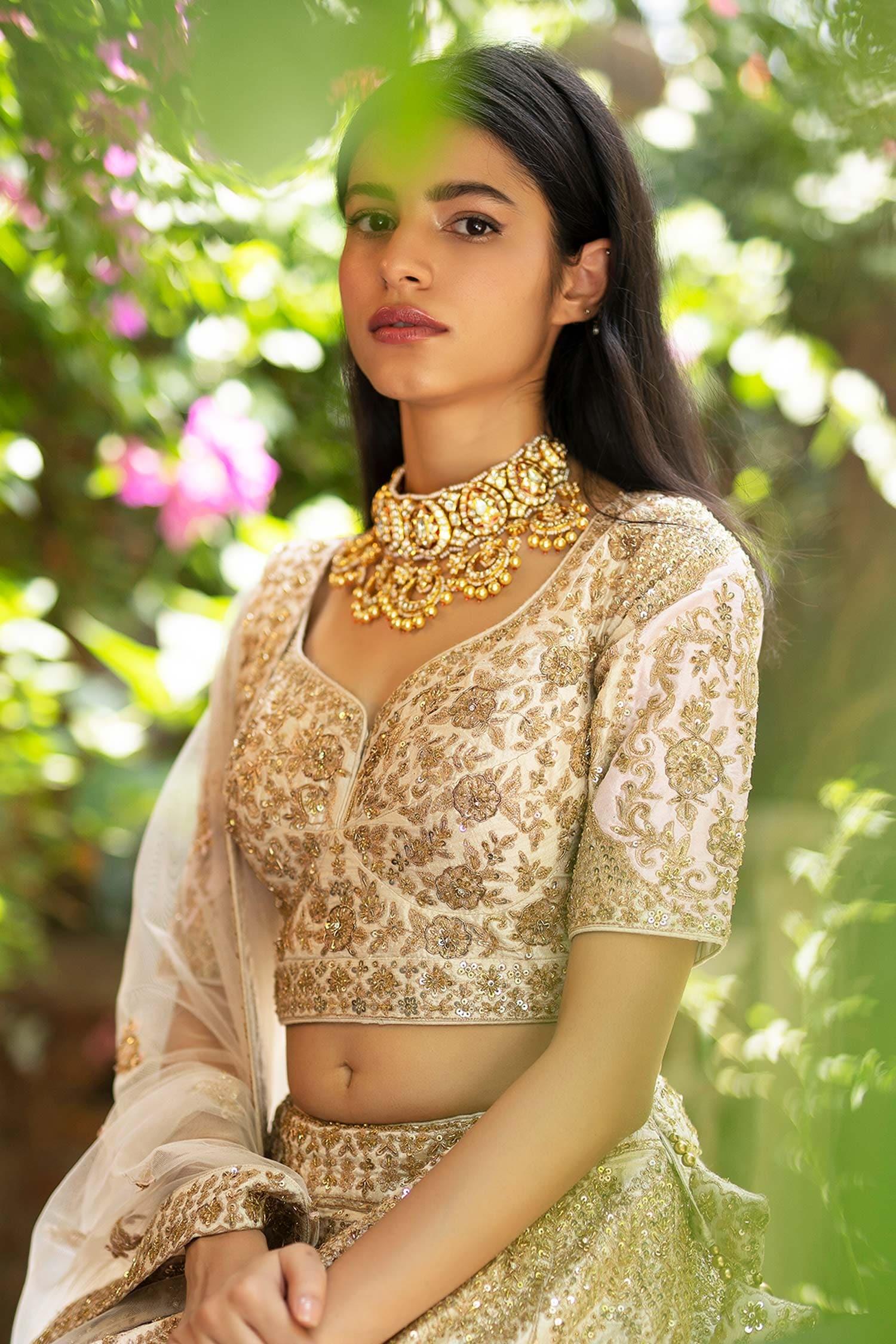 White Leaf Neck Embroidered Bridal Lehenga Set - Designer Kurta Set
