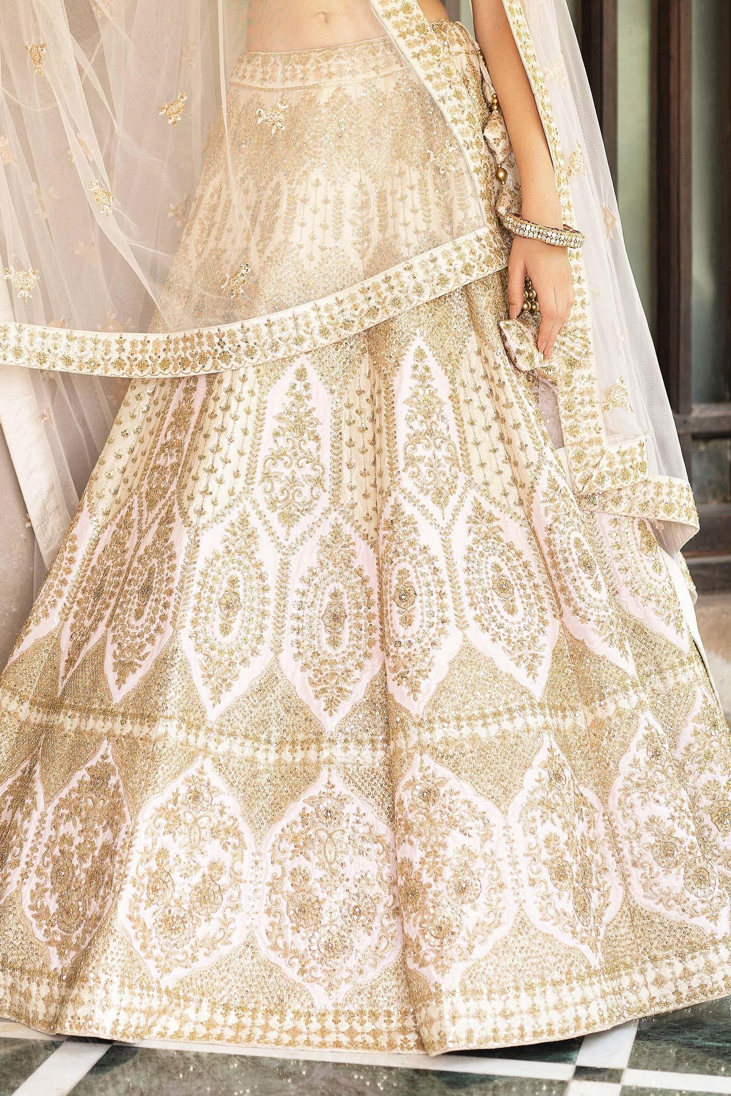 White Leaf Neck Embroidered Bridal Lehenga Set - Designer Kurta Set