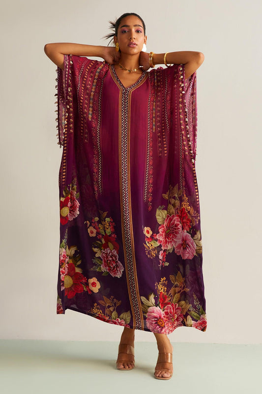 Wine Crepe V-neck Nayra Flower Print Kaftan - Designer Kurta Set
