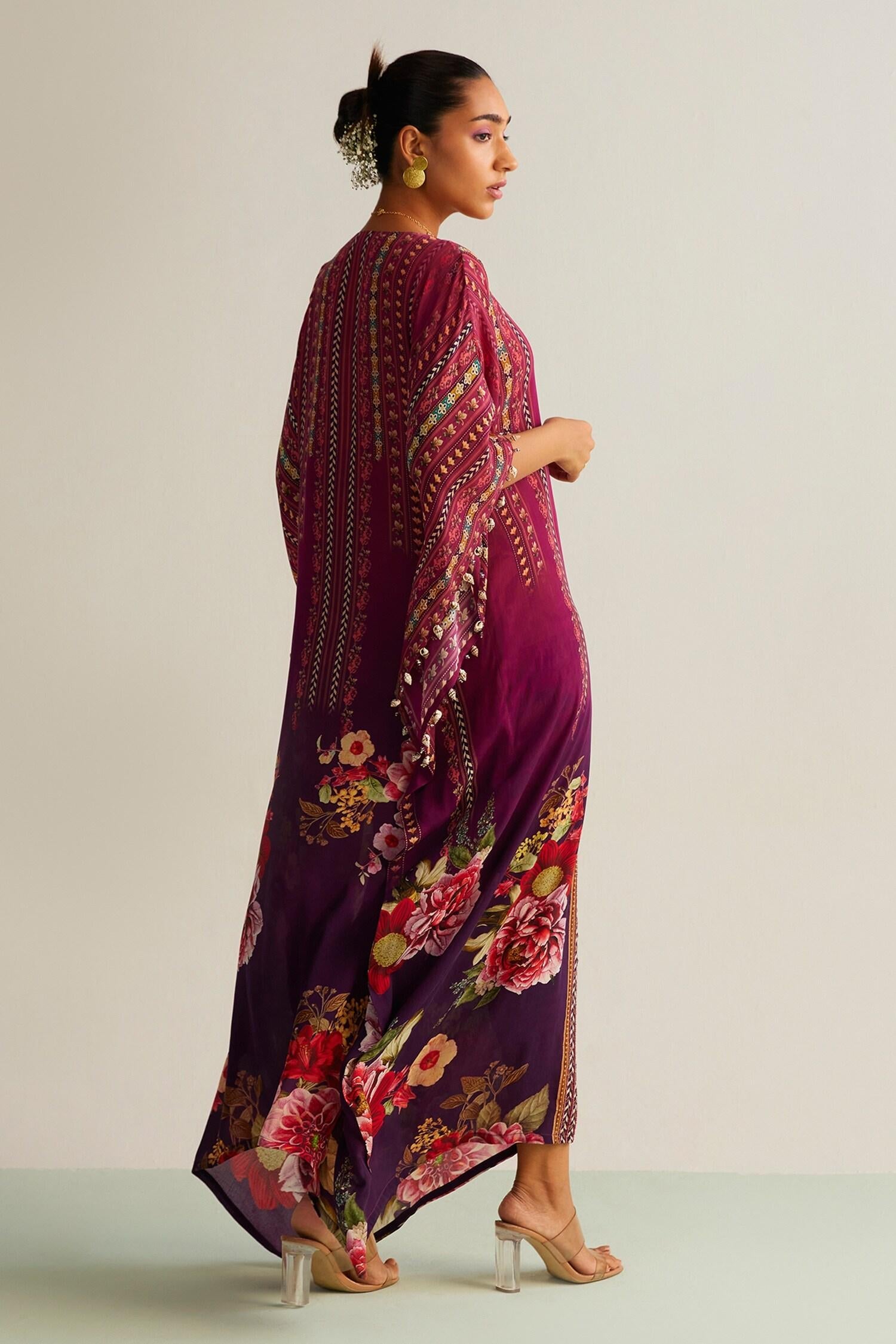 Wine Crepe V-neck Nayra Flower Print Kaftan - Designer Kurta Set