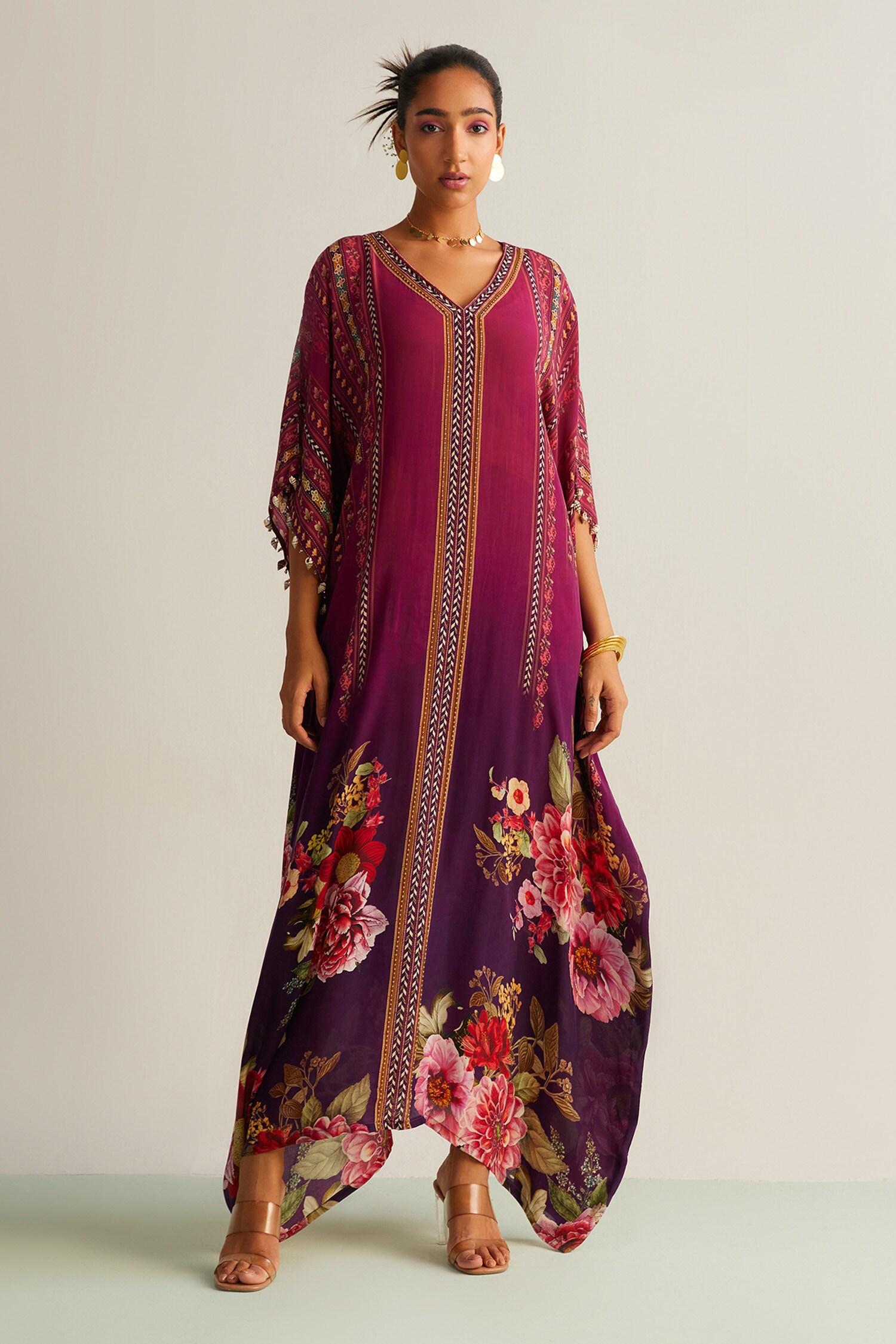 Wine Crepe V-neck Nayra Flower Print Kaftan - Designer Kurta Set
