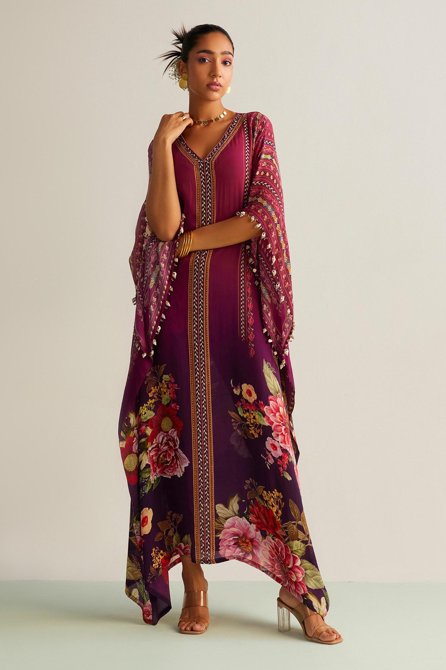 Wine Crepe V-neck Nayra Flower Print Kaftan - Designer Kurta Set