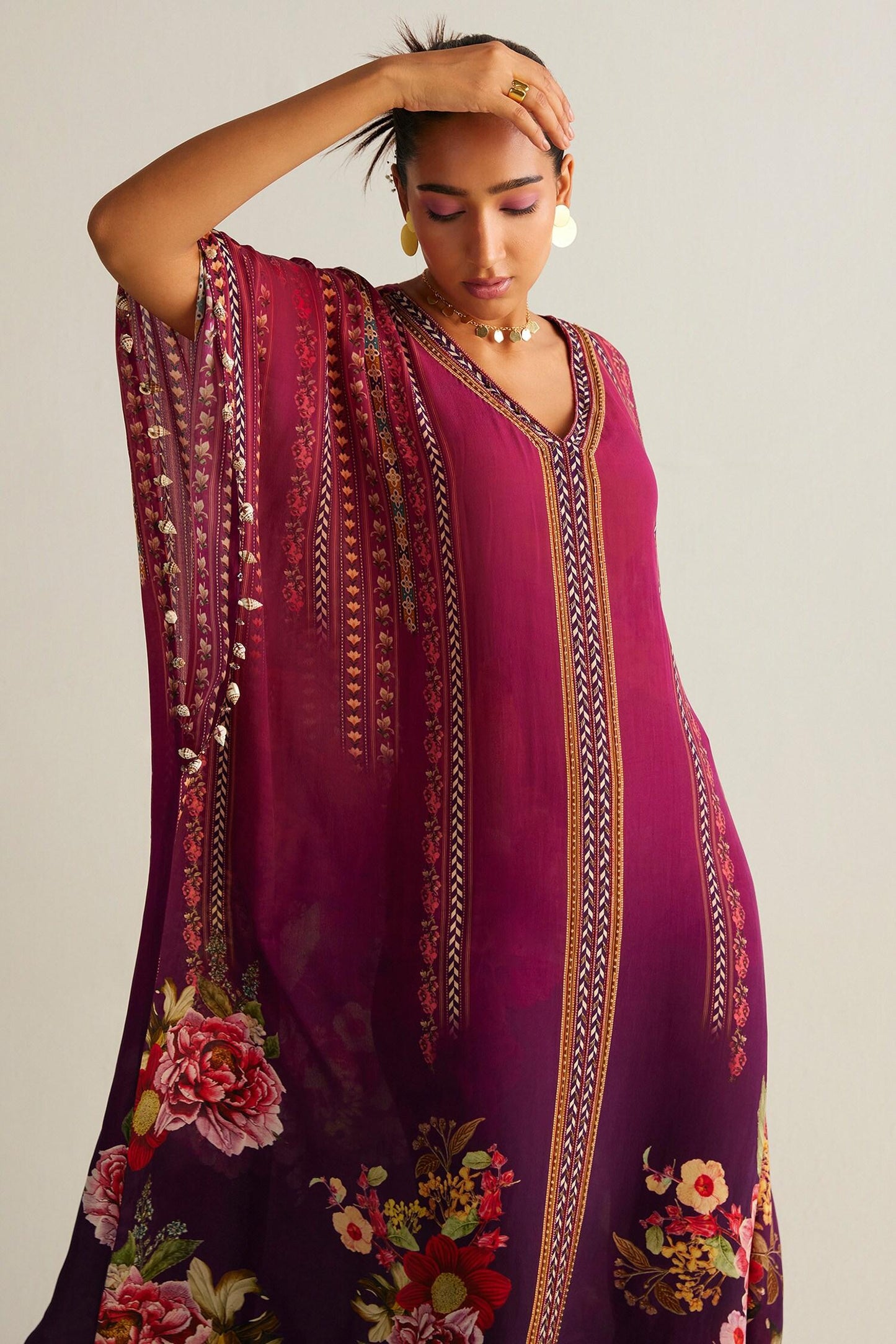 Wine Crepe V-neck Nayra Flower Print Kaftan - Designer Kurta Set