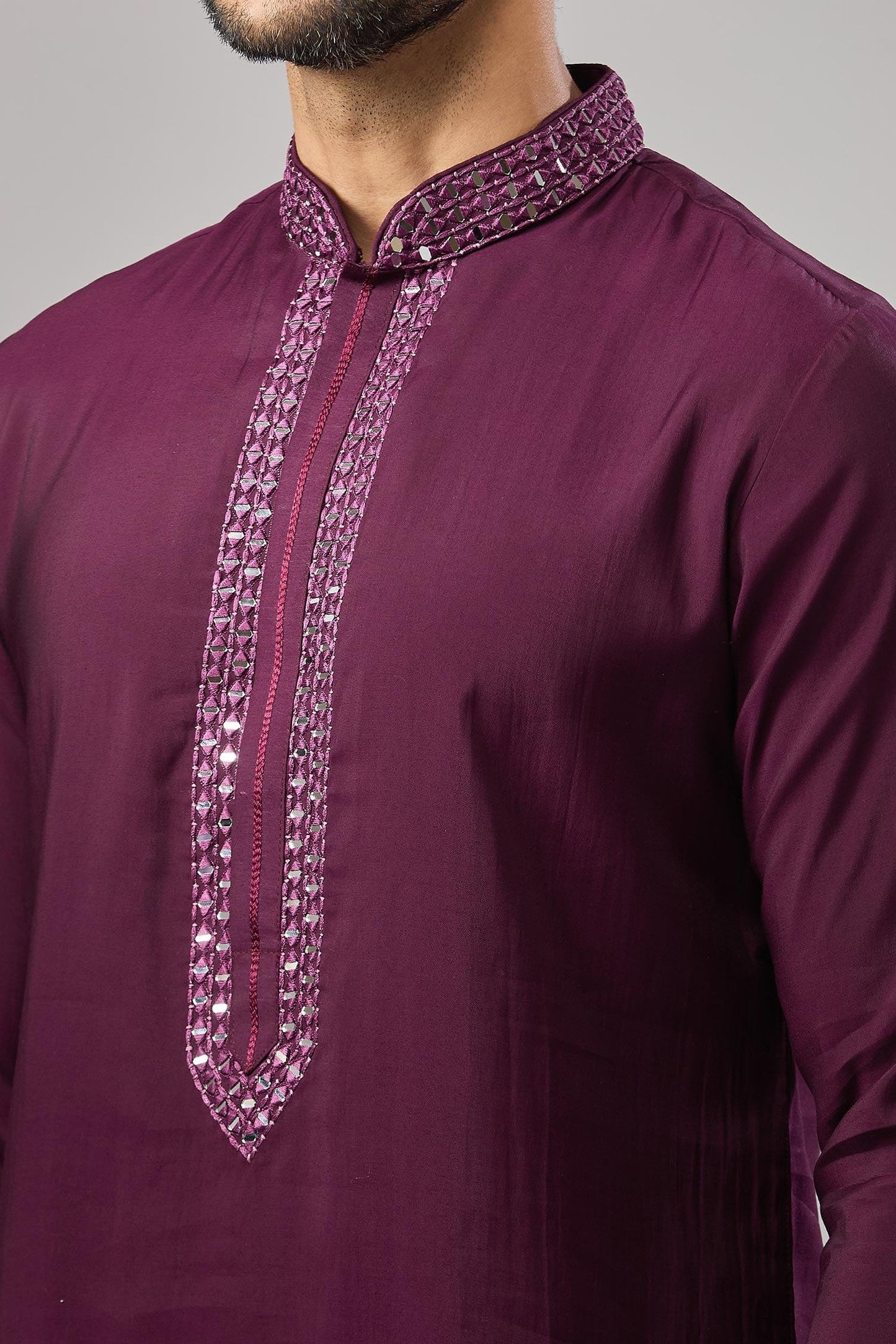 Kurta Set Wine Embroidery Plain Banarasi