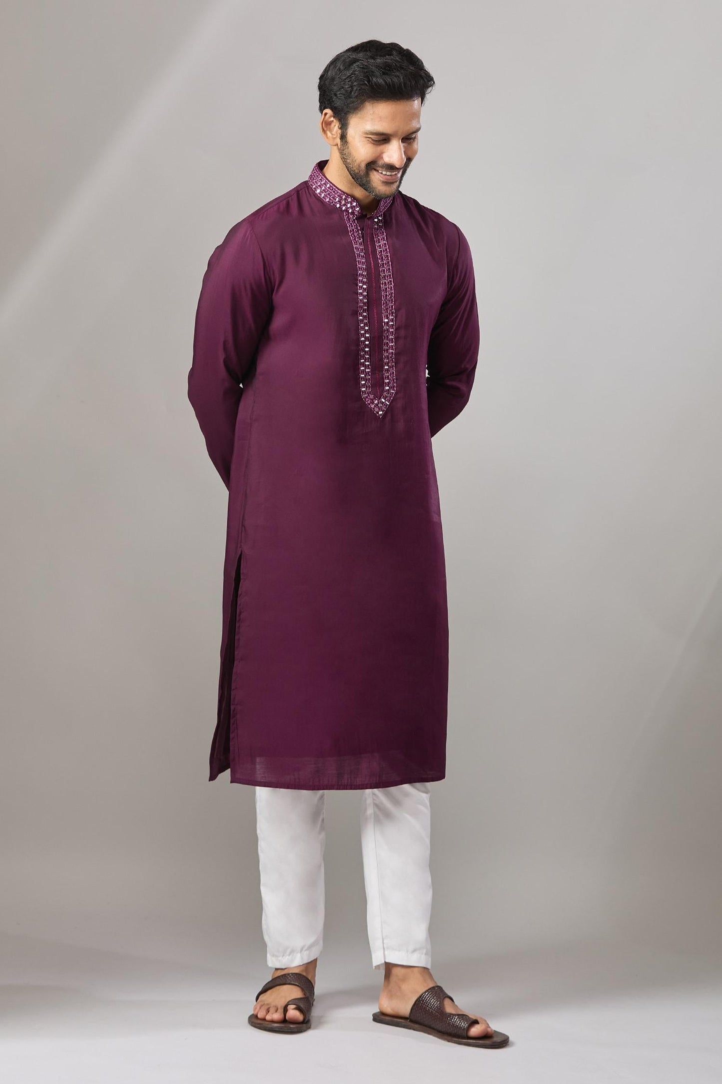 Kurta Set Wine Embroidery Plain Banarasi