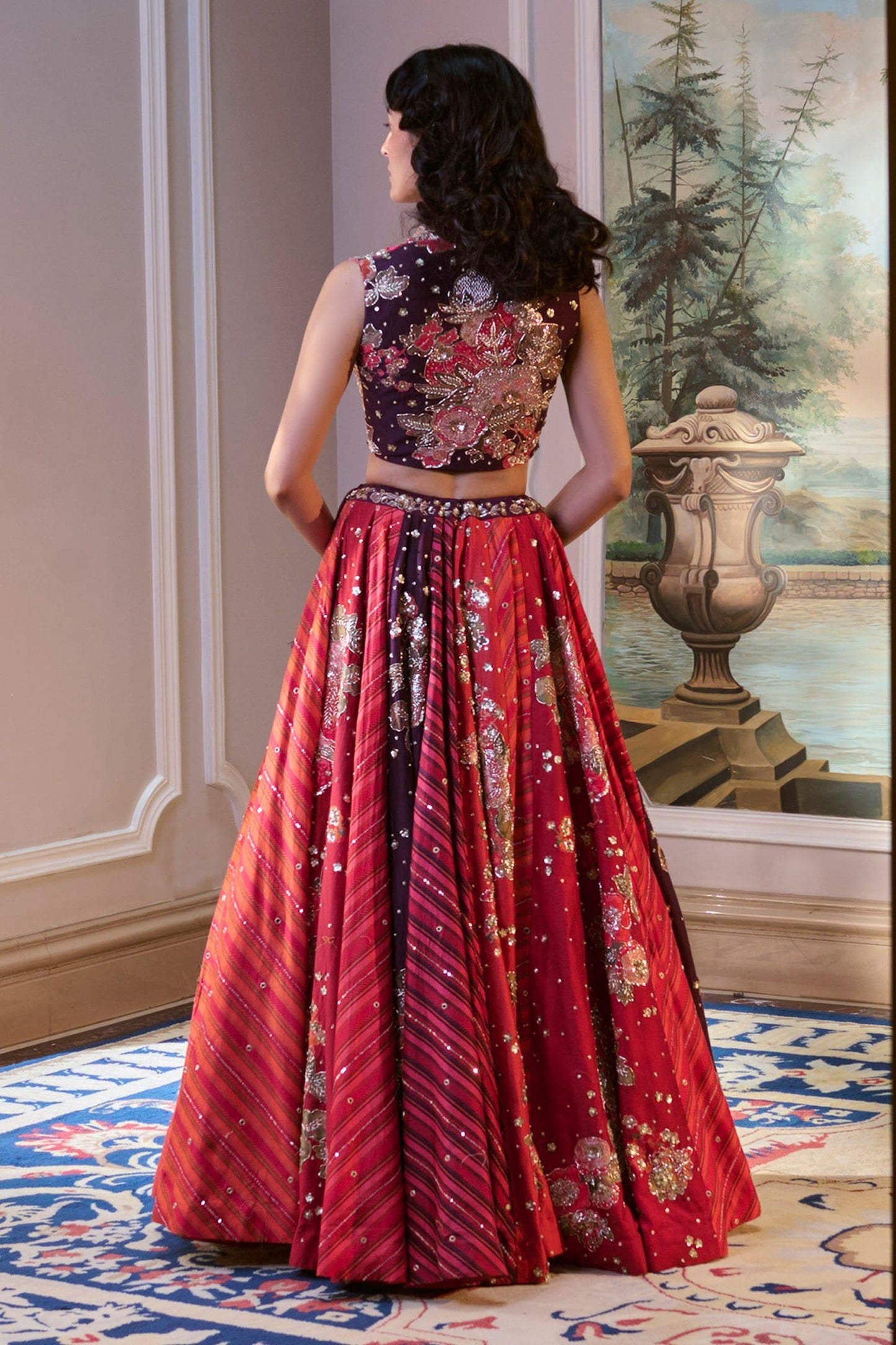 Wine Organza Sequins, Zari V-neck Multi Color Hand Embroidered Lehenga Set - Designer Kurta Set