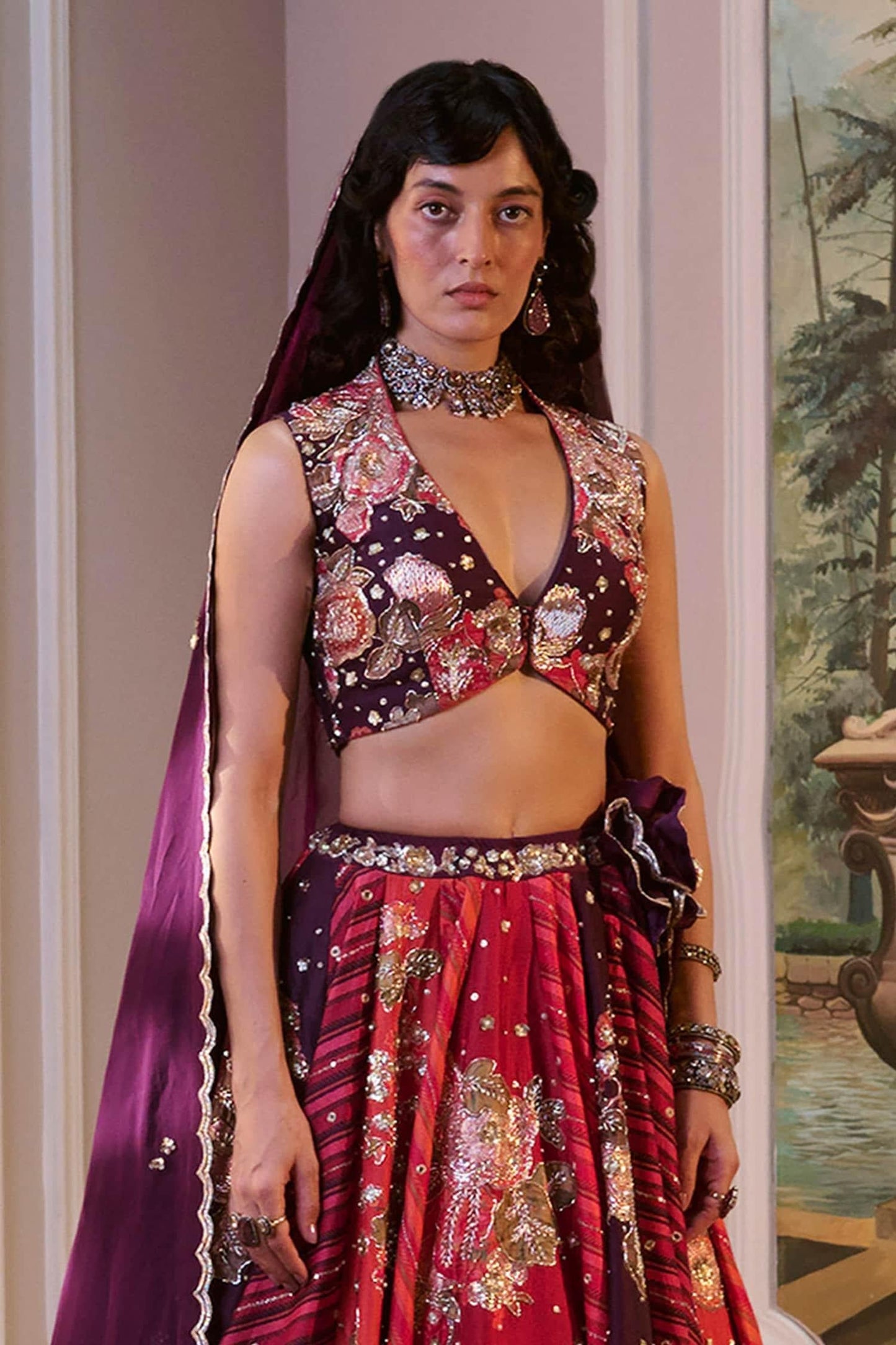 Wine Organza Sequins, Zari V-neck Multi Color Hand Embroidered Lehenga Set - Designer Kurta Set