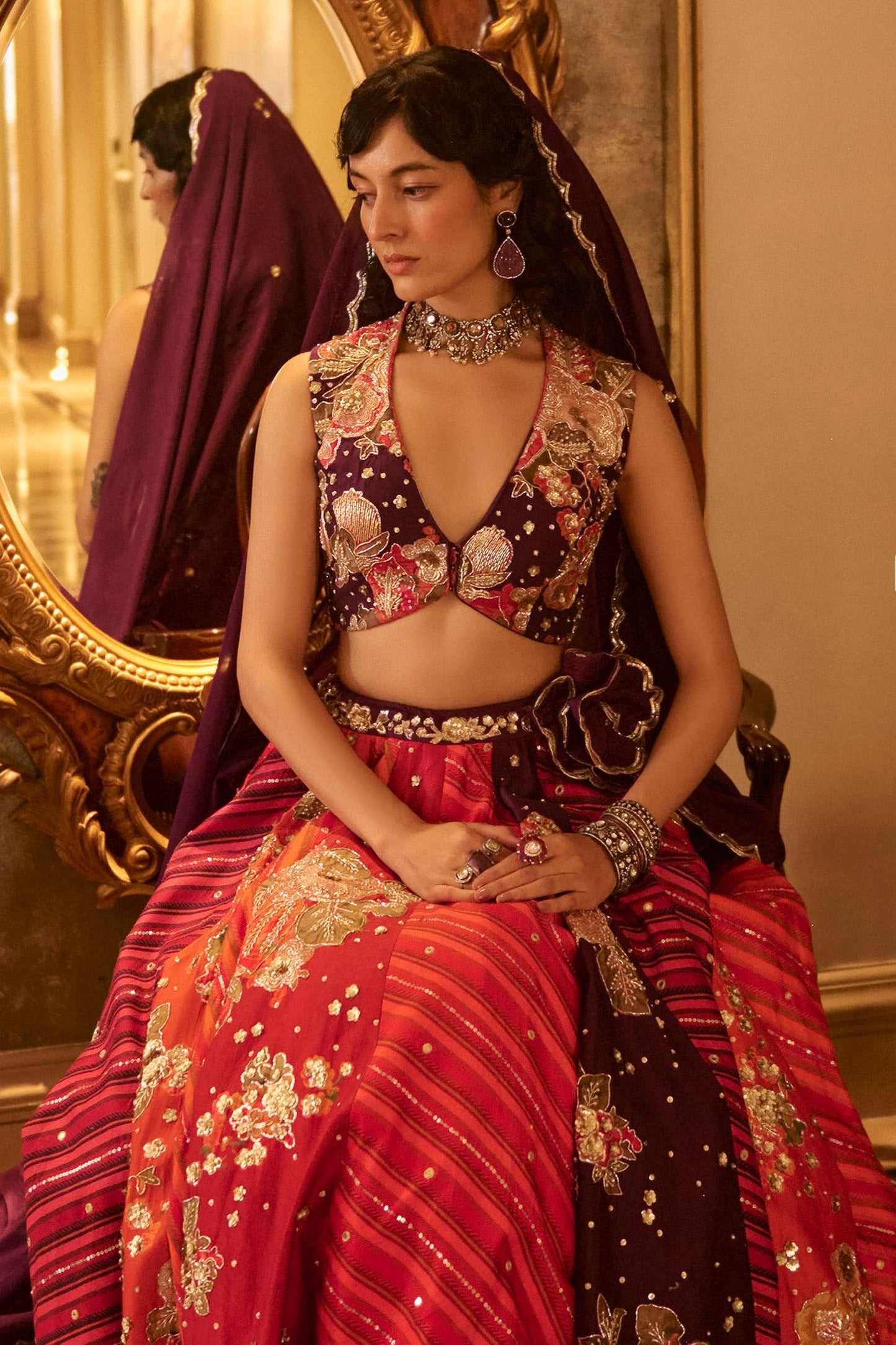 Wine Organza Sequins, Zari V-neck Multi Color Hand Embroidered Lehenga Set - Designer Kurta Set