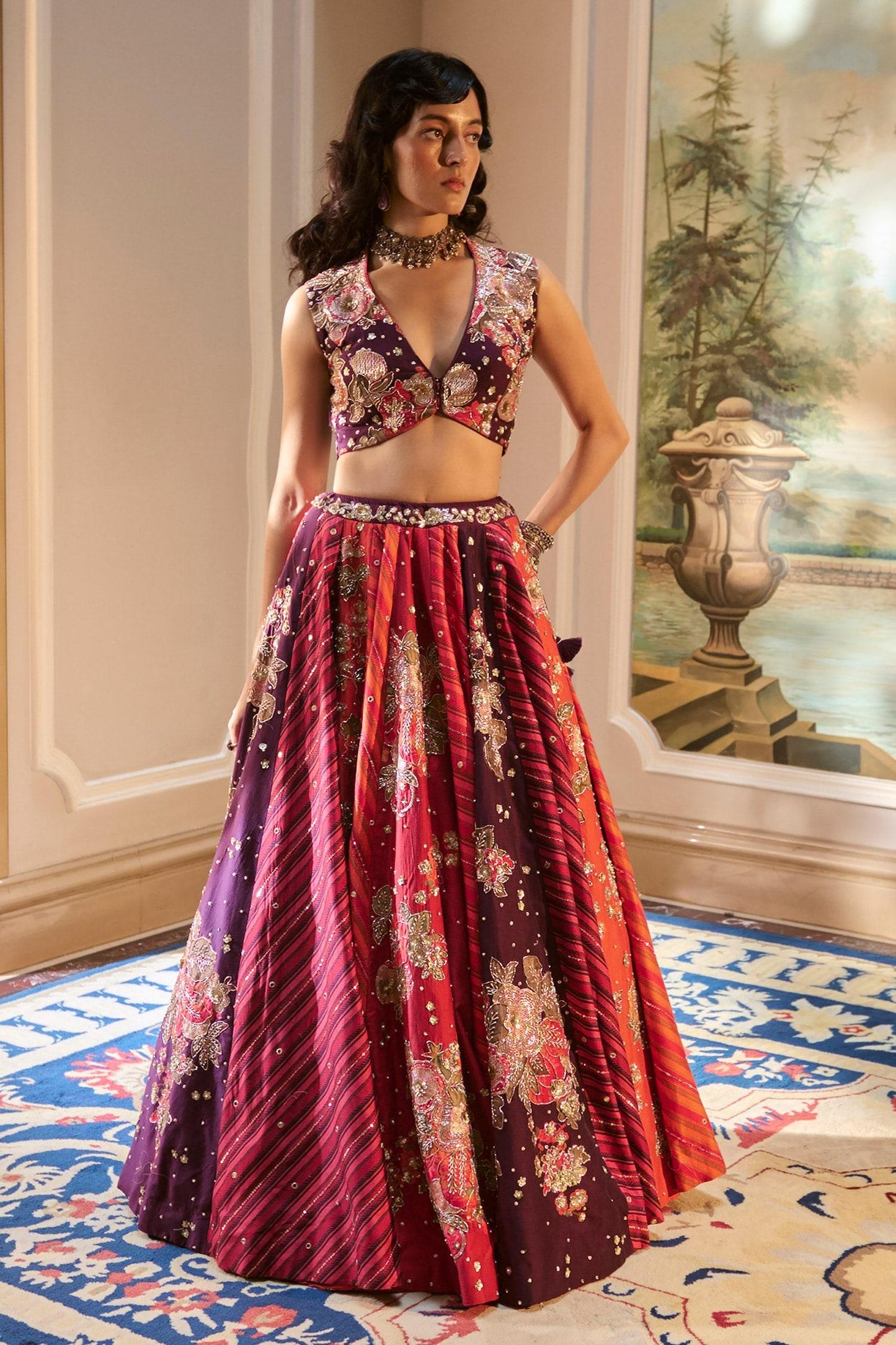 Wine Organza Sequins, Zari V-neck Multi Color Hand Embroidered Lehenga Set - Designer Kurta Set