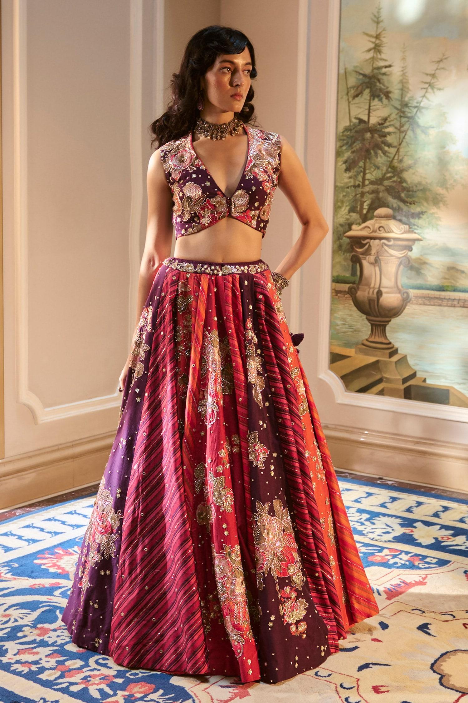 Wine Organza Sequins, Zari V-neck Multi Color Hand Embroidered Lehenga Set - Designer Kurta Set