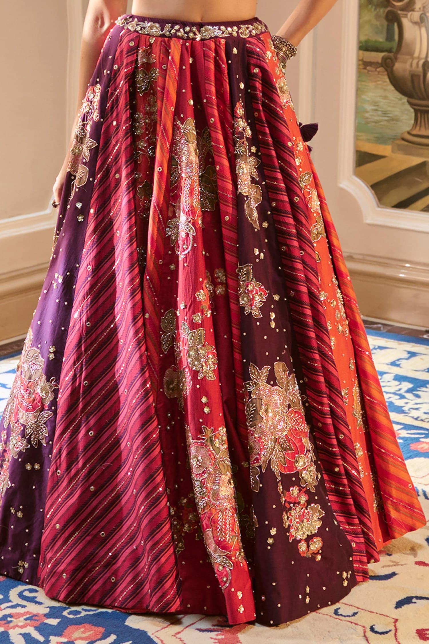 Wine Organza Sequins, Zari V-neck Multi Color Hand Embroidered Lehenga Set - Designer Kurta Set