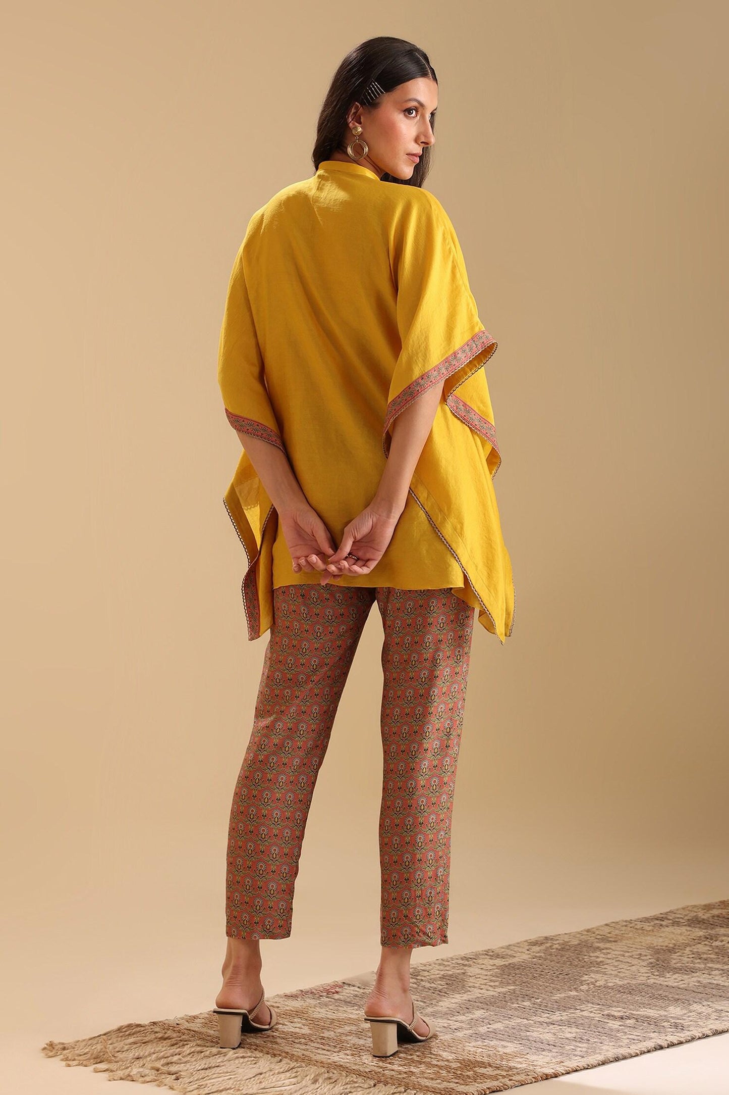 Yellow Chanderi Beads, Embroidery Collared Eraya Placket Kaftan With Pant - Designer Kurta Set
