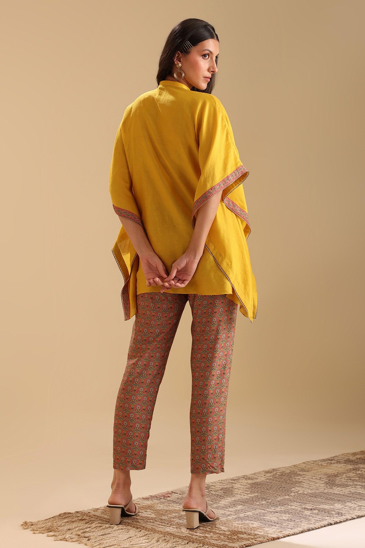 Yellow Chanderi Beads, Embroidery Collared Eraya Placket Kaftan With Pant - Designer Kurta Set