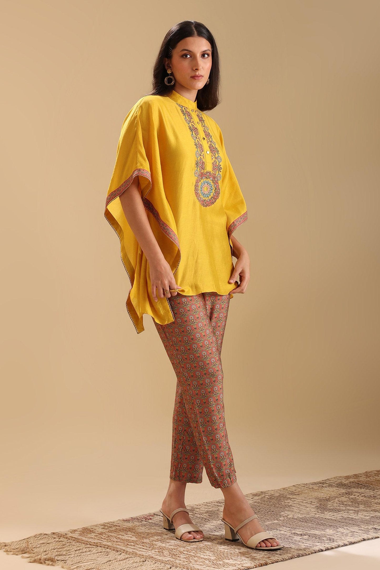 Yellow Chanderi Beads, Embroidery Collared Eraya Placket Kaftan With Pant - Designer Kurta Set