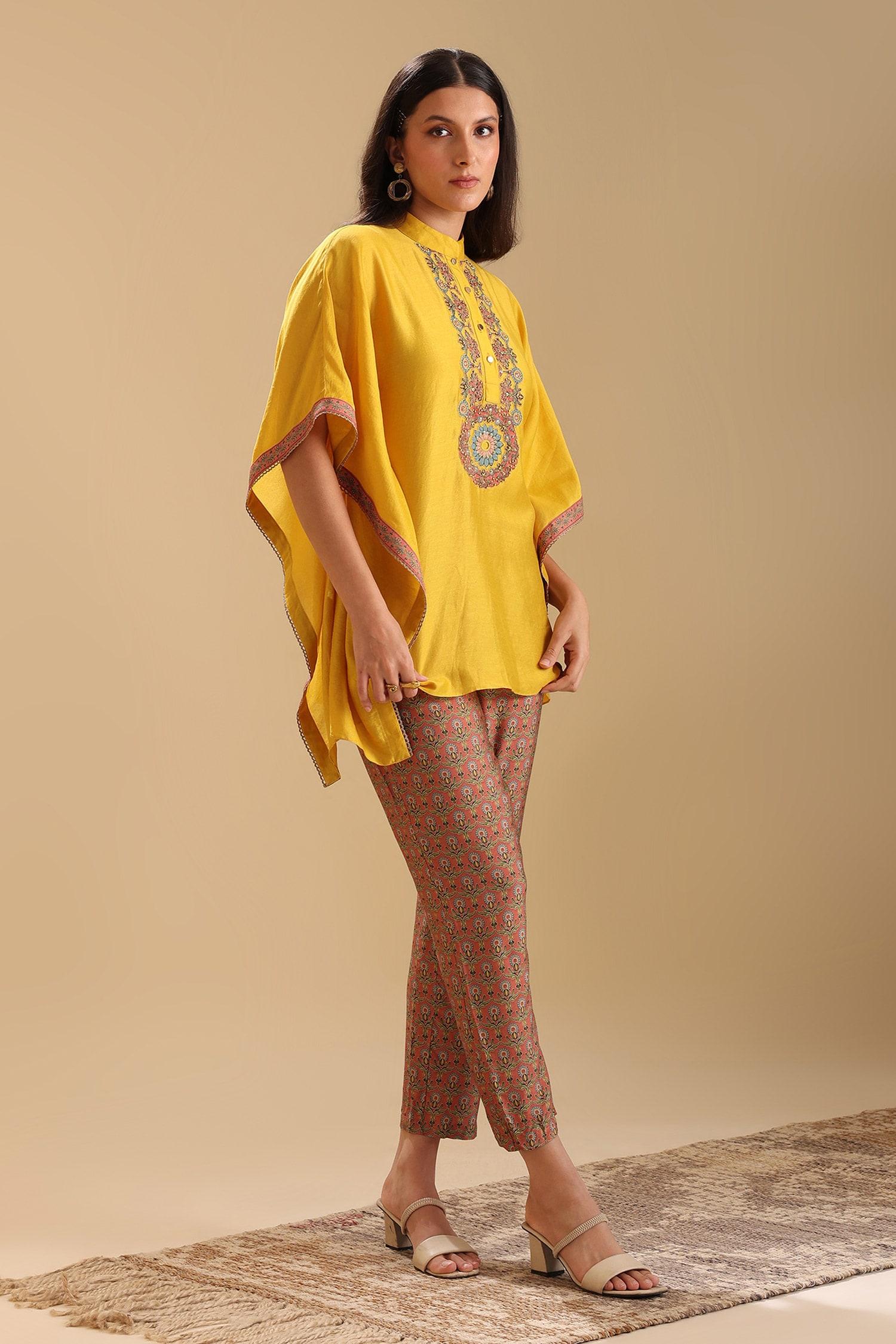 Yellow Chanderi Beads, Embroidery Collared Eraya Placket Kaftan With Pant - Designer Kurta Set