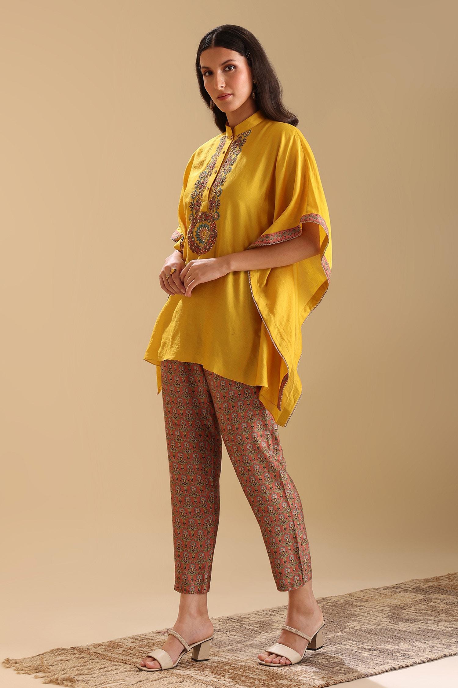 Yellow Chanderi Beads, Embroidery Collared Eraya Placket Kaftan With Pant - Designer Kurta Set