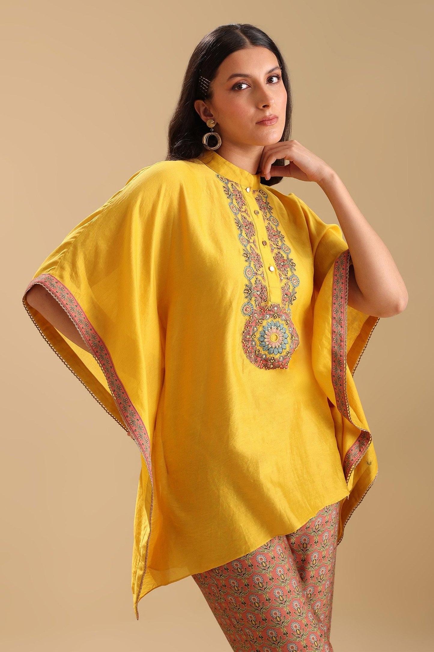 Yellow Chanderi Beads, Embroidery Collared Eraya Placket Kaftan With Pant - Designer Kurta Set