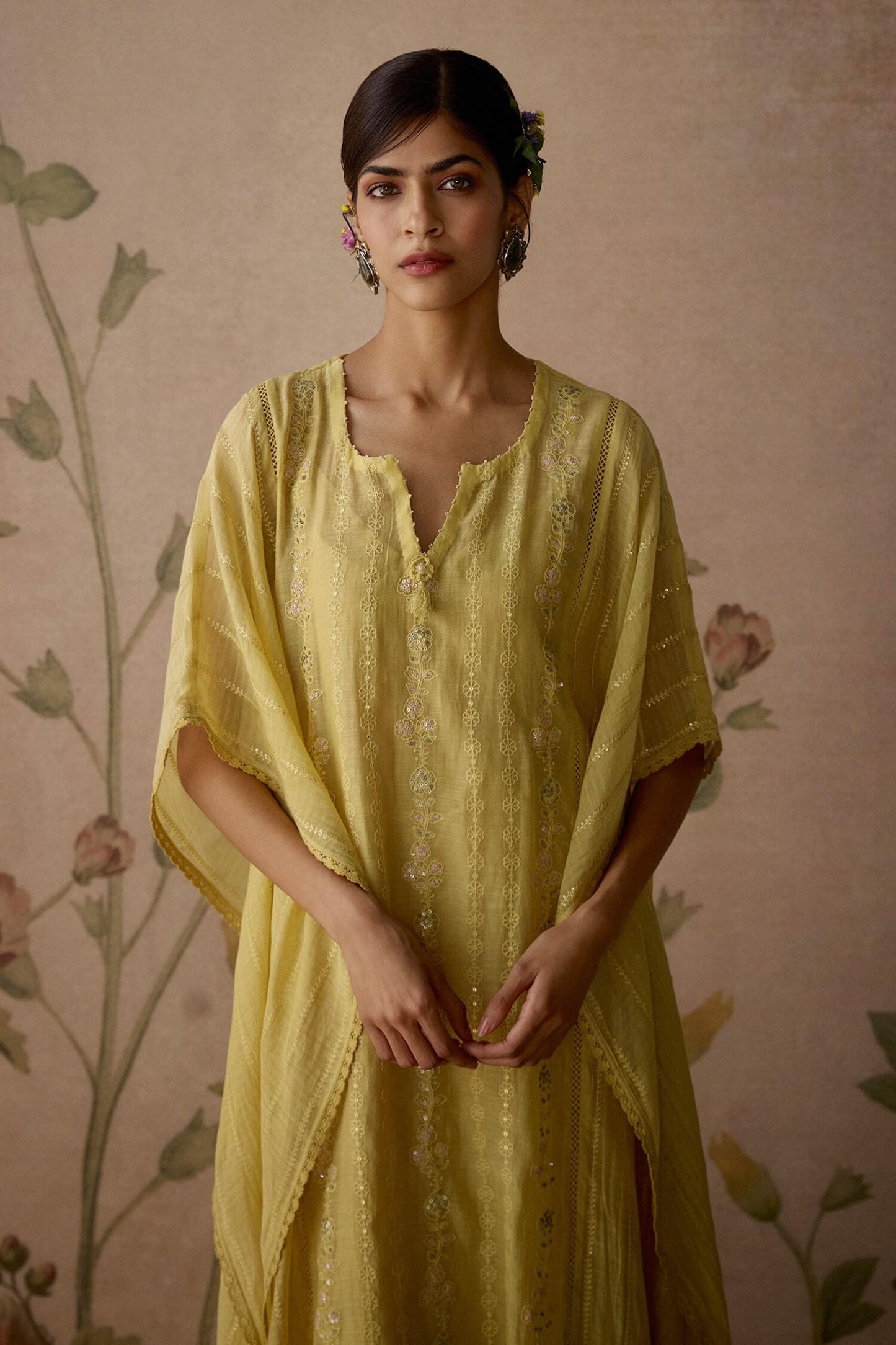 Yellow Chanderi, Cotton Embroidery, Lace Split V-neck Hand Kaftan And Pant Set - Designer Kurta Set