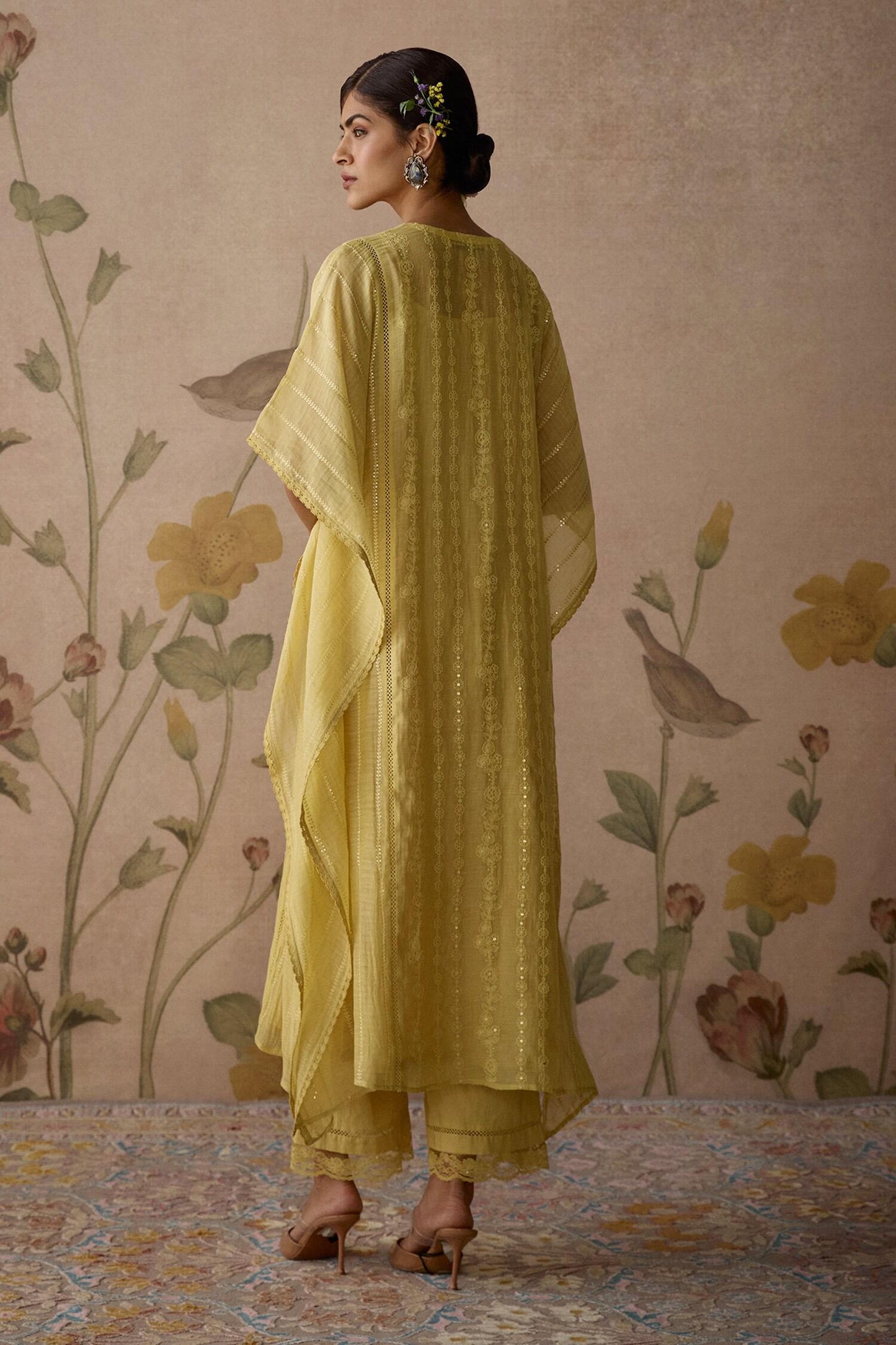 Yellow Chanderi, Cotton Embroidery, Lace Split V-neck Hand Kaftan And Pant Set - Designer Kurta Set