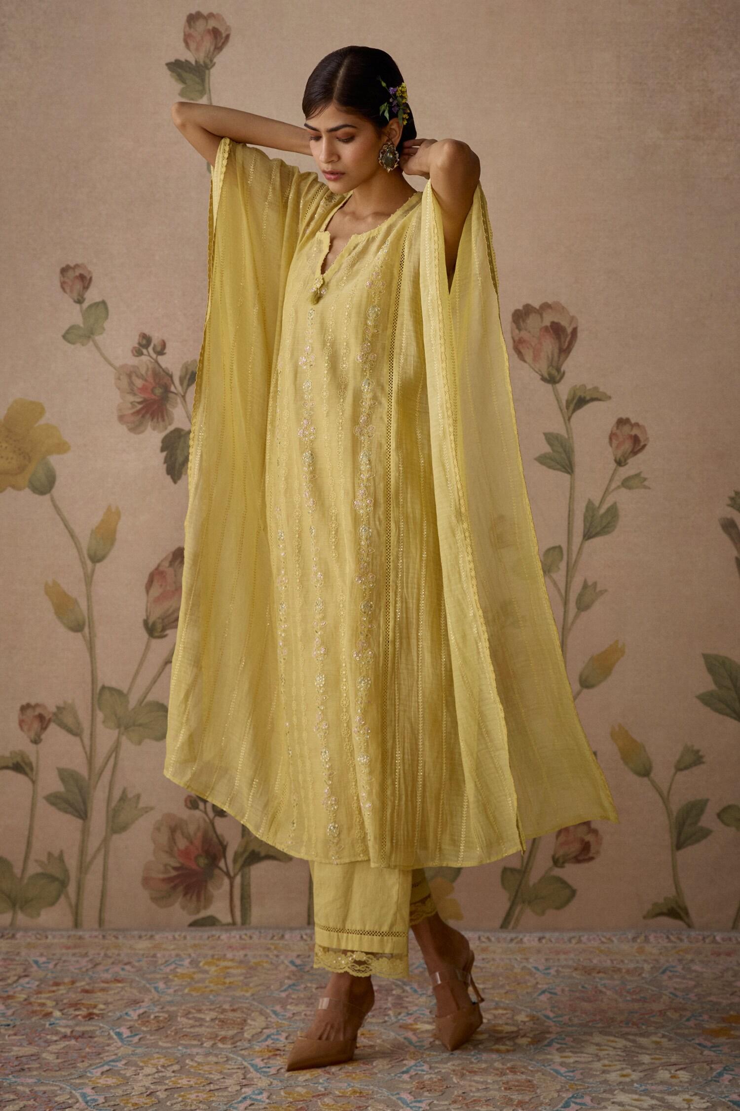Yellow Chanderi, Cotton Embroidery, Lace Split V-neck Hand Kaftan And Pant Set - Designer Kurta Set