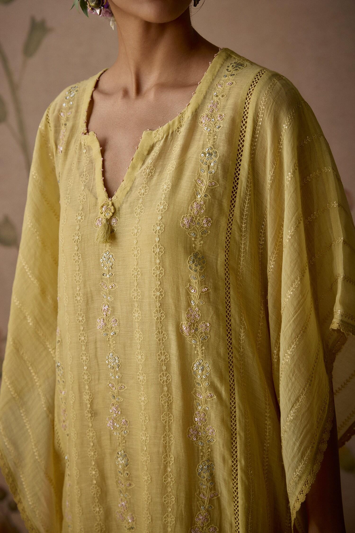 Yellow Chanderi, Cotton Embroidery, Lace Split V-neck Hand Kaftan And Pant Set - Designer Kurta Set