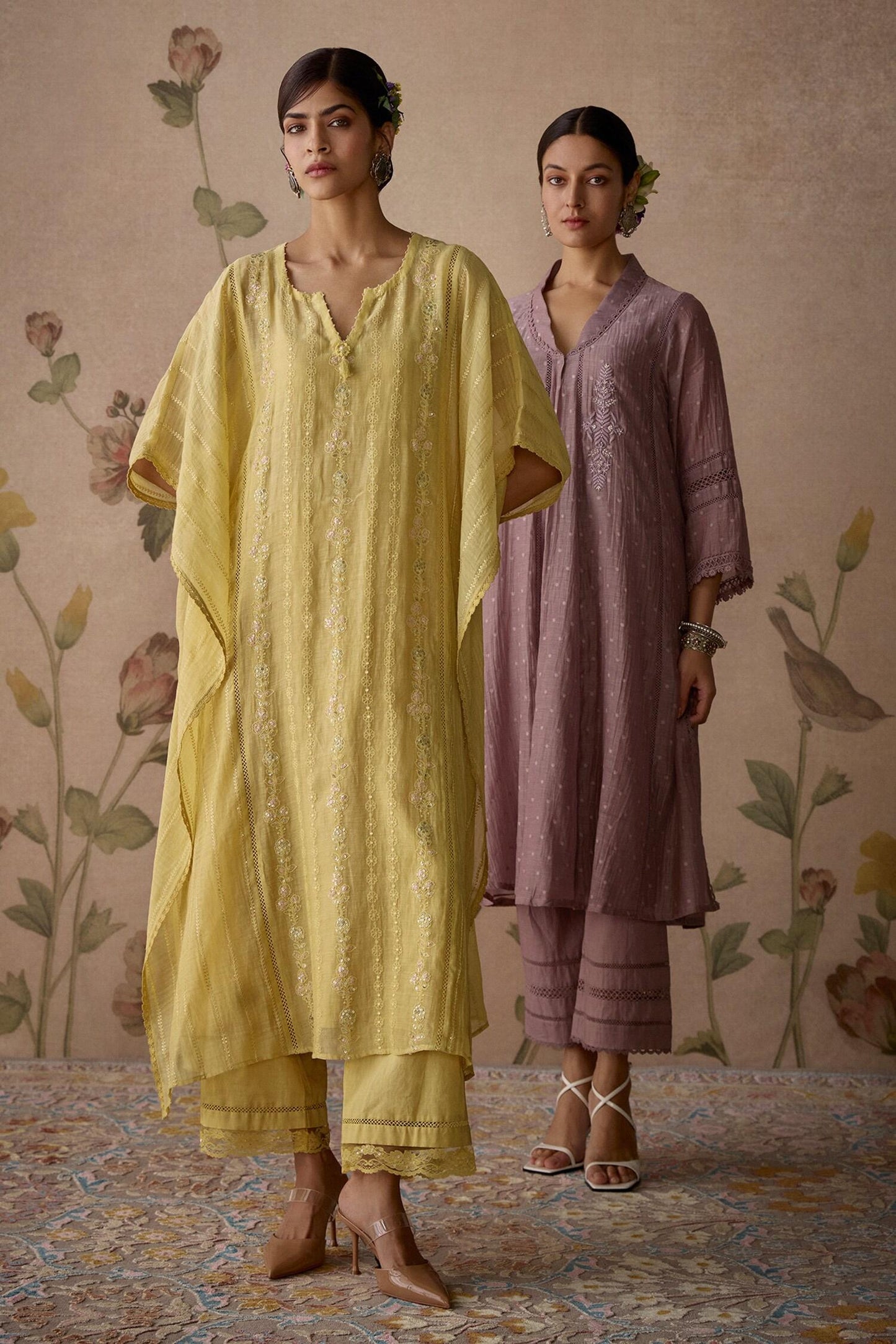 Yellow Chanderi, Cotton Embroidery, Lace Split V-neck Hand Kaftan And Pant Set - Designer Kurta Set
