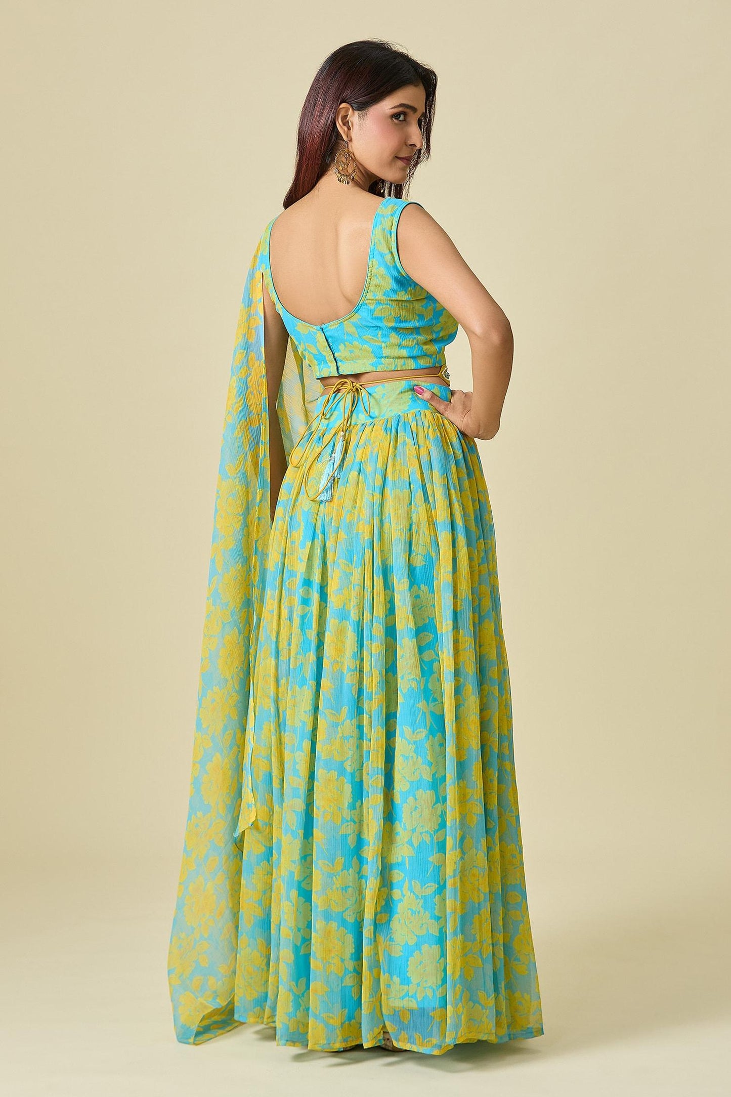 Yellow Chiffon Cut Work, Beads, Pearls Scoop Neck Floral Print Lehenga Set - Designer Kurta Set